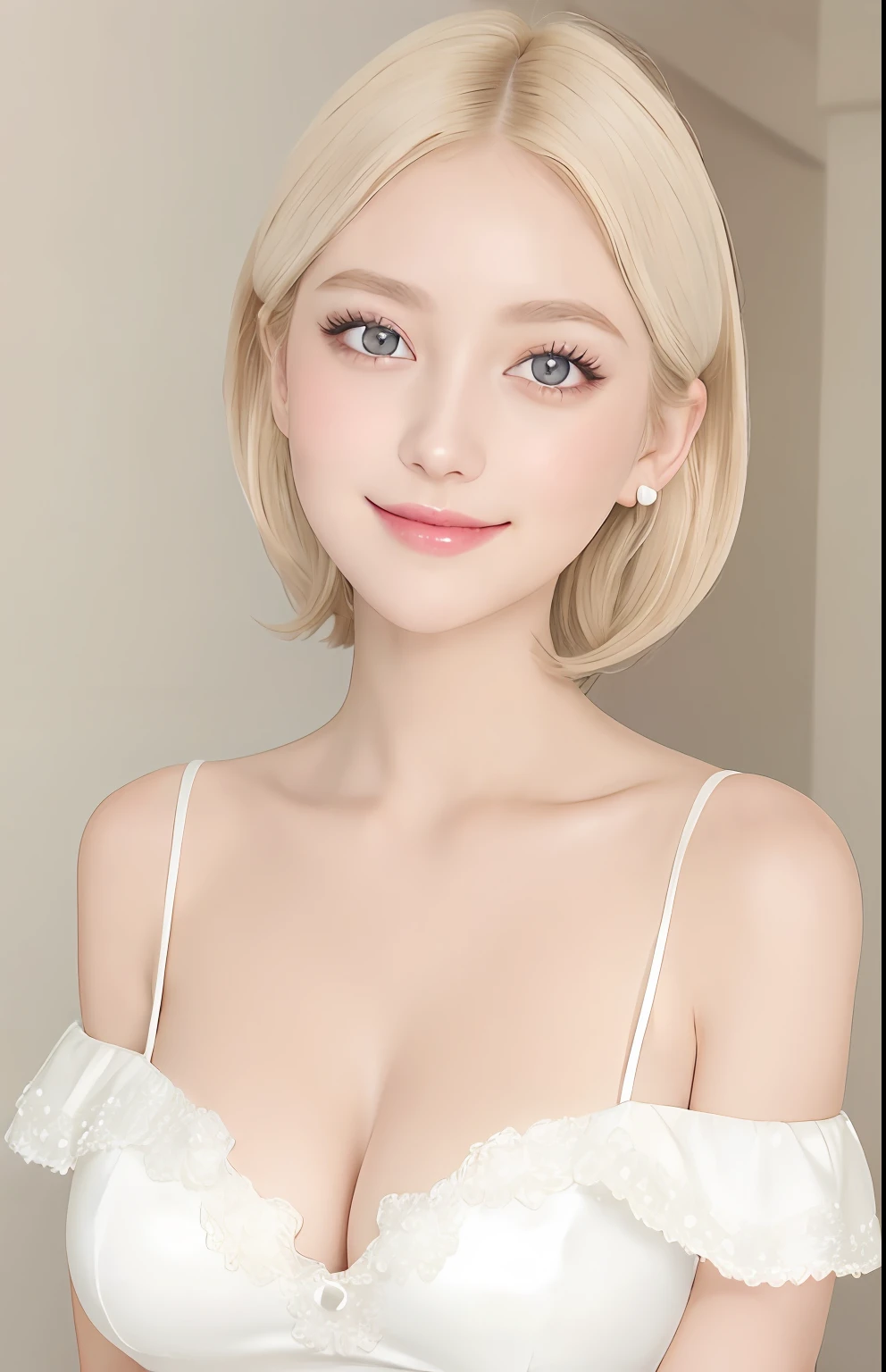 1 young girl, distant gaze, off shoulder white dress,upper body,round face,full accesories,big clear eyes,long eyelashes,large breast,slim waist,light makup,neat teeth, slightly smiling. light color hair,
