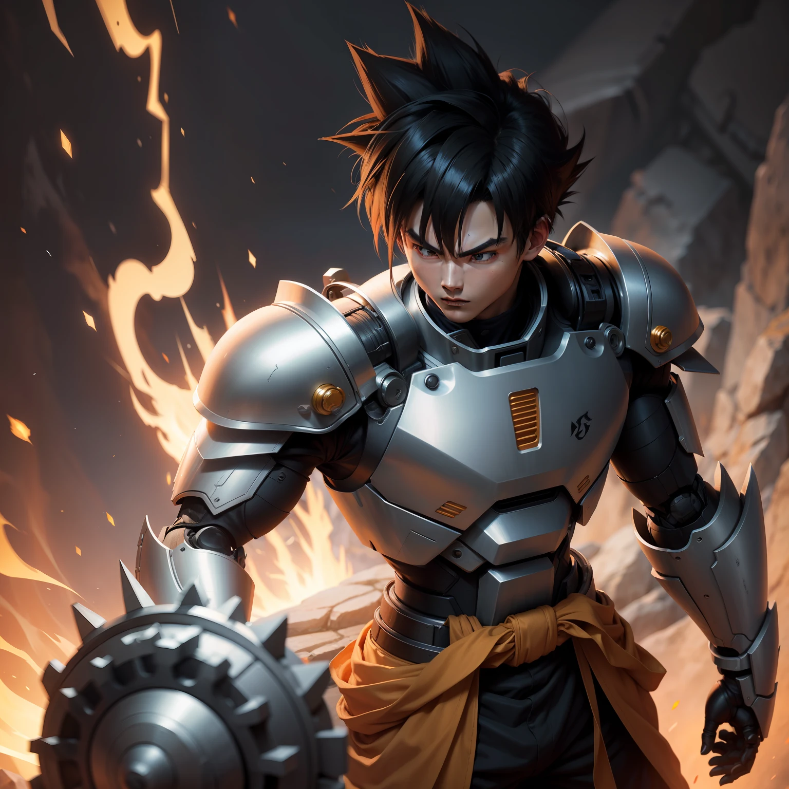 son goku,mechs,Cool robotic arm,Silver armor,Domineering expression。