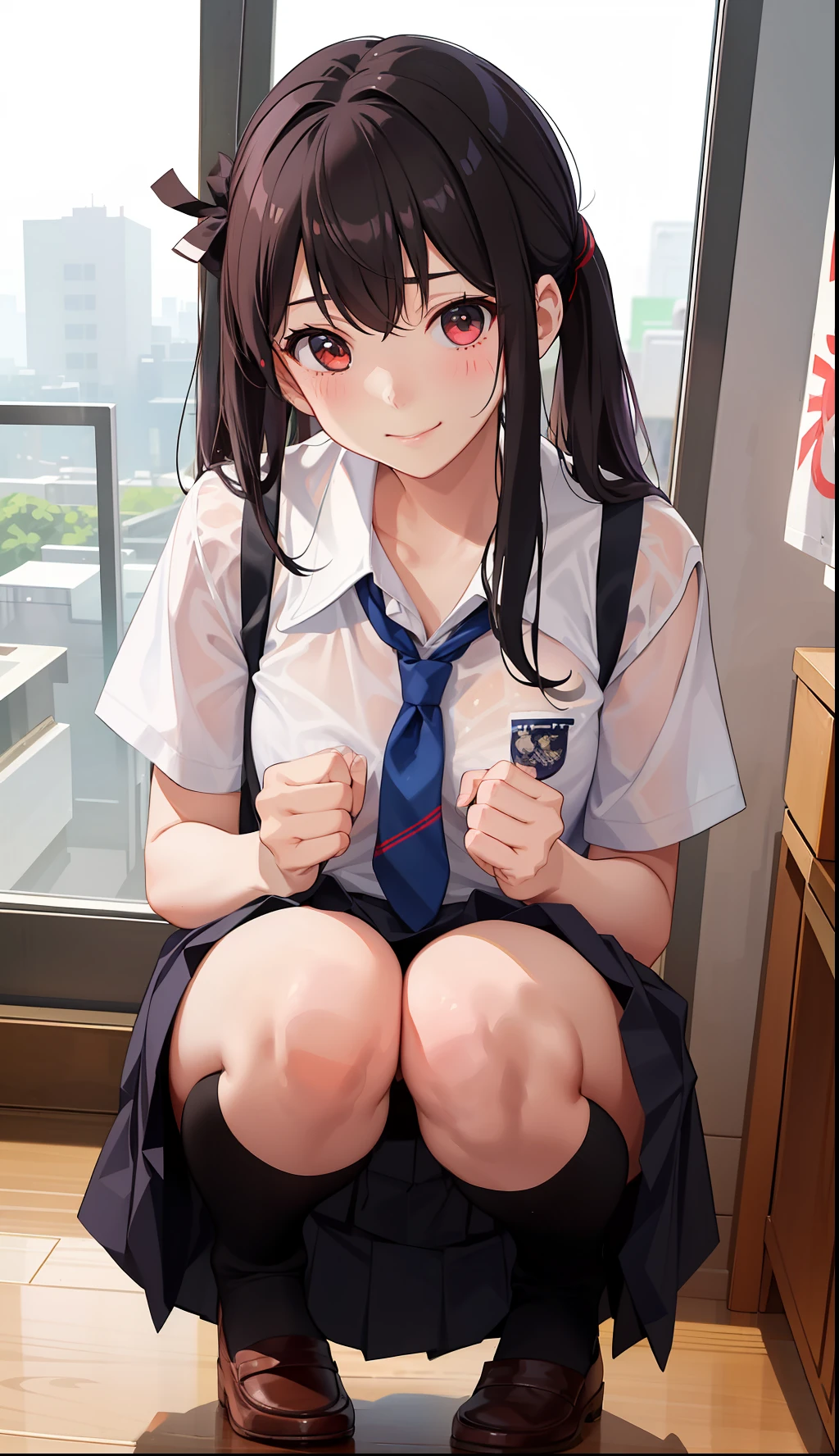 1girl in、A smile、The shirt、skirt by the、(small tits)Chilarism、Japan High School Student Uniform、serafuku、summer clothing、Squall Drenched Uniform、(Sheer Bra)、Upper body portrait、Squatting panchira、