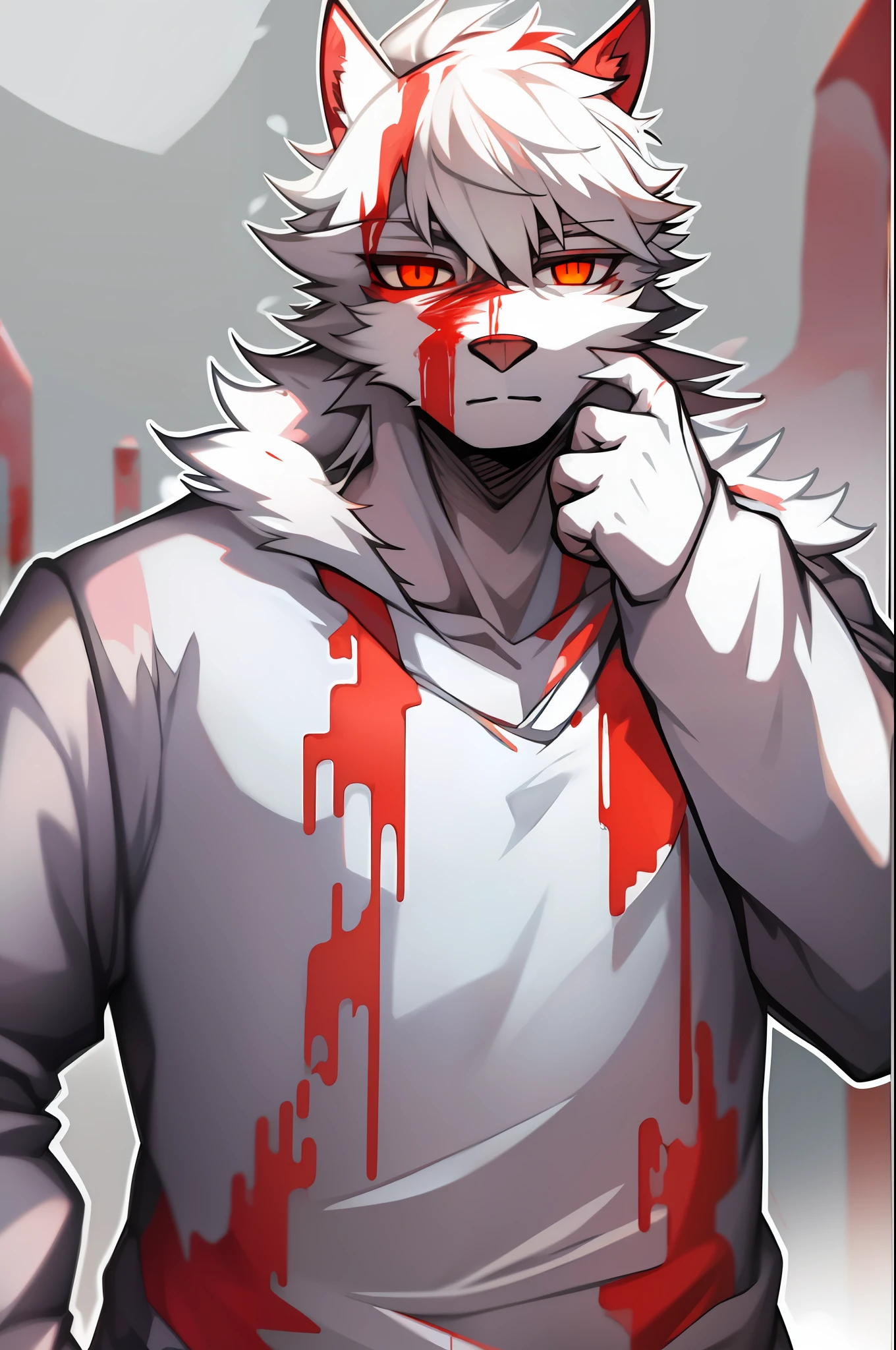 terroral,blood vess,Blood on the body,The corners of his mouth were stained with blood,solo person,White body,White ears,White hair,White fur,Overall white,Orange-yellow eyes,Wolf tail,Wolf orcs,young,Wear a jacket,Ultra-clear screen,Soft lines