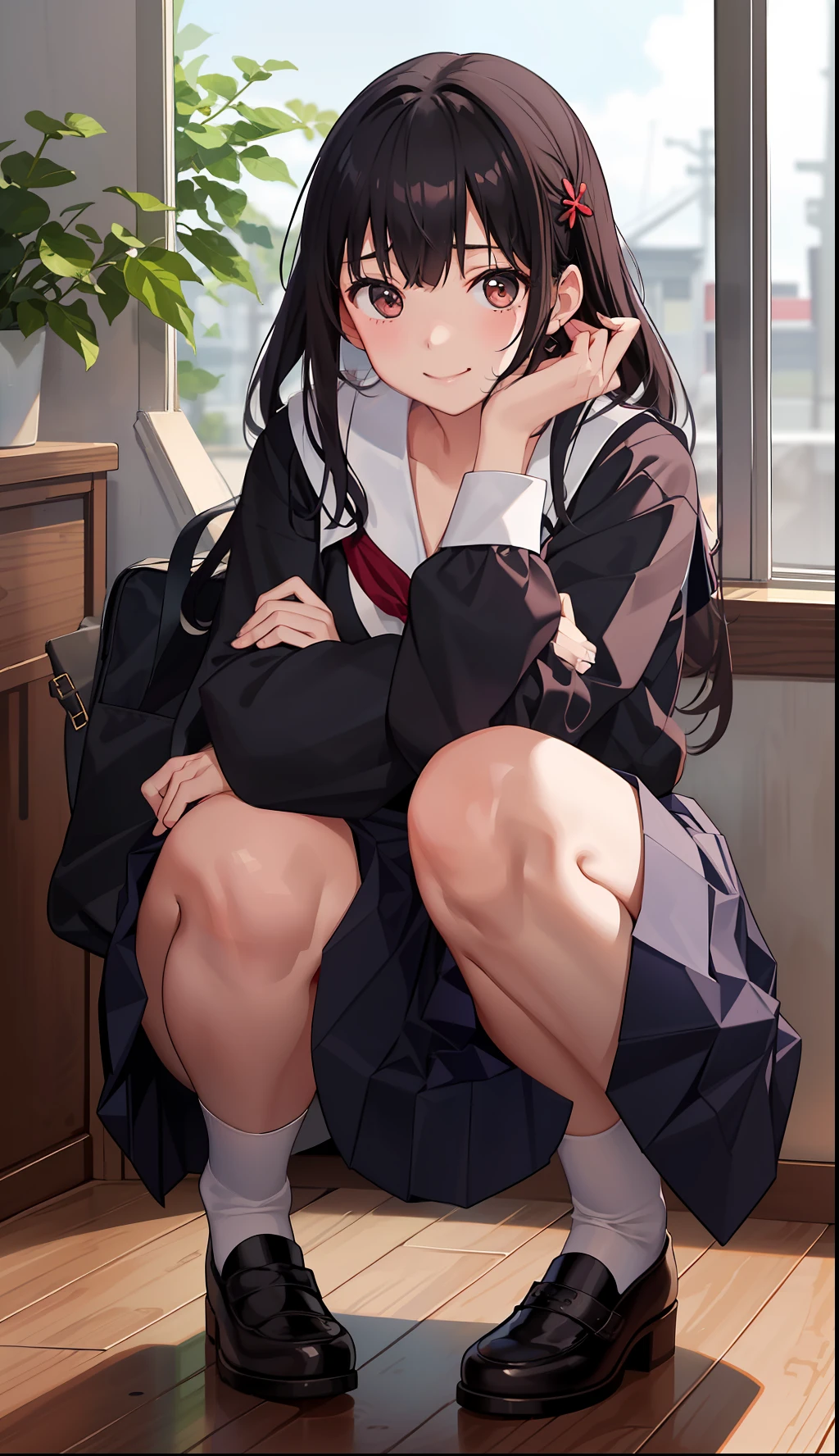 1girl in、A smile、The shirt、skirt by the、(small tits)Chilarism、Japan High School Student Uniform、serafuku、summer clothing、Squall Drenched Uniform、(Sheer Bra)、Upper body portrait、Squatting panchira、