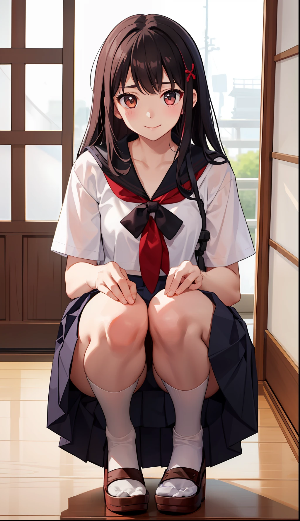 1girl in、A smile、The shirt、skirt by the、(small tits)Chilarism、Japan High School Student Uniform、serafuku、summer clothing、Squall Drenched Uniform、(Sheer Bra)、Upper body portrait、Squatting panchira、