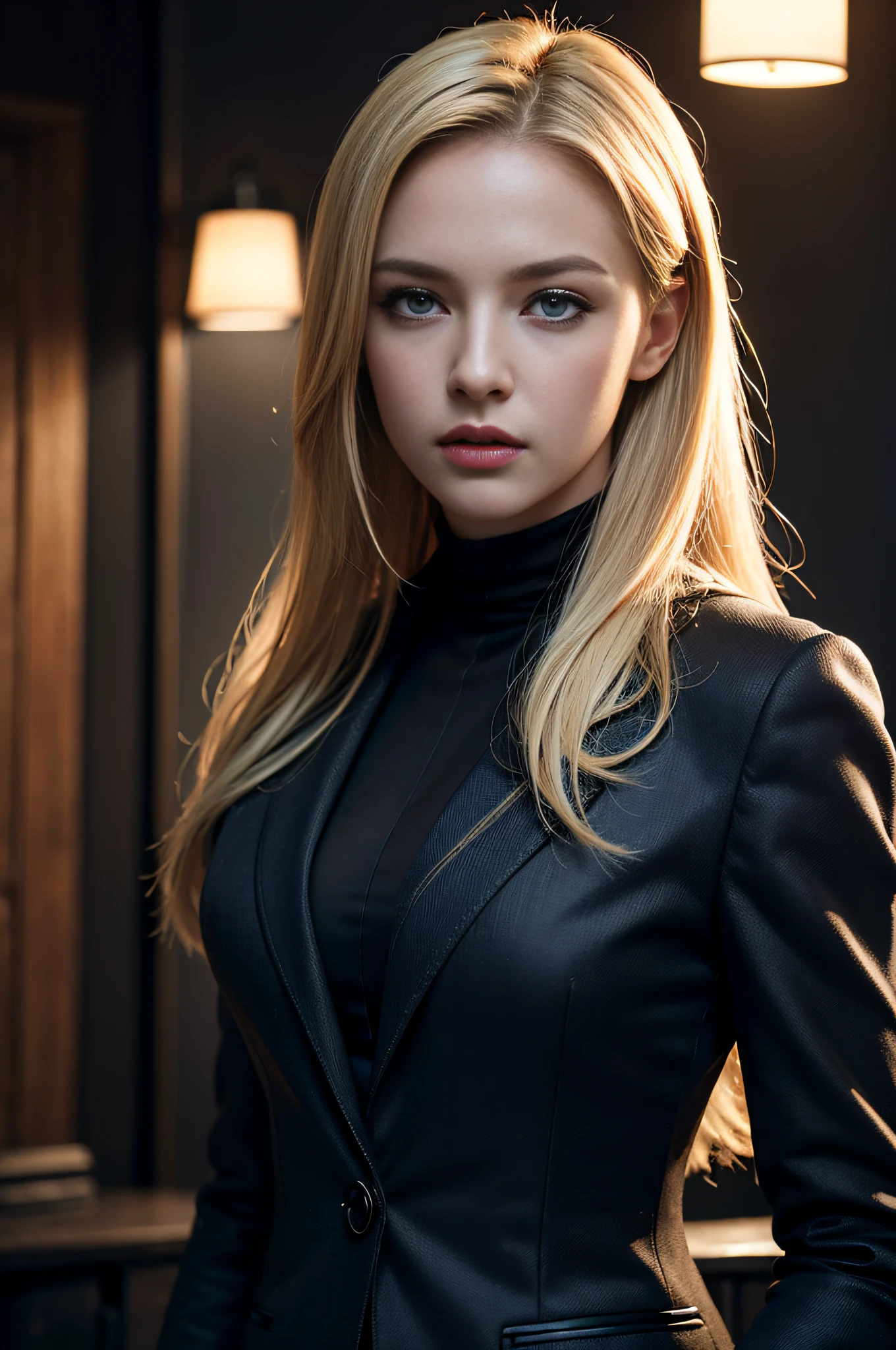 Best quality, masterpiece, ultra high res, (photorealistic:1.4), raw photo, 1girl, blonde hair, blue eyes, detailed eyes and face, black suit, dynamic lighting, in the dark, deep shadow, low key, cowboy shot full-lenght body