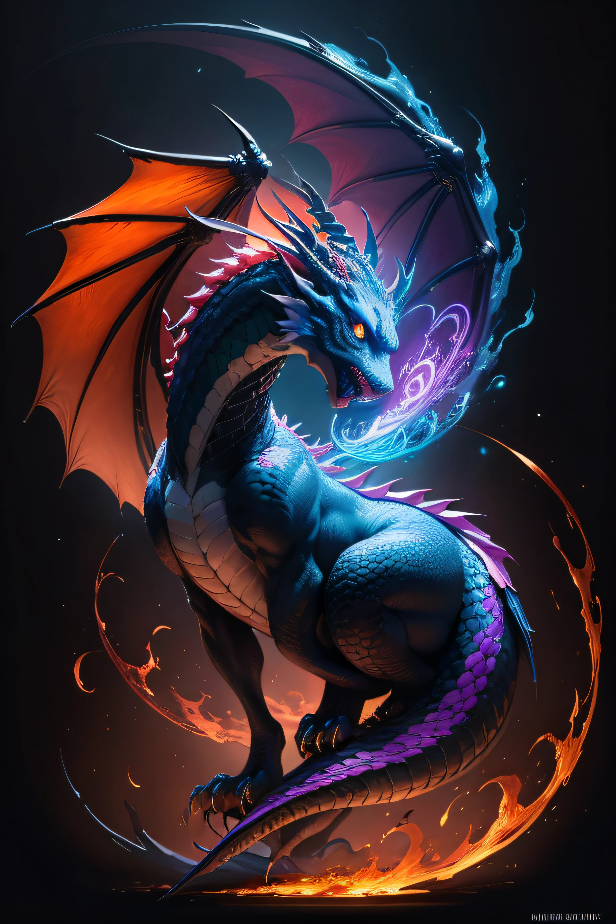 a painting of a colorful dragon on a black background,, breathtaking rendering, within a radiant connection, inspired by Kinuko Y. Craft,, magical elements, kitten icon, wow, is beautiful, casting a multi colorful spell, bright flash, flash