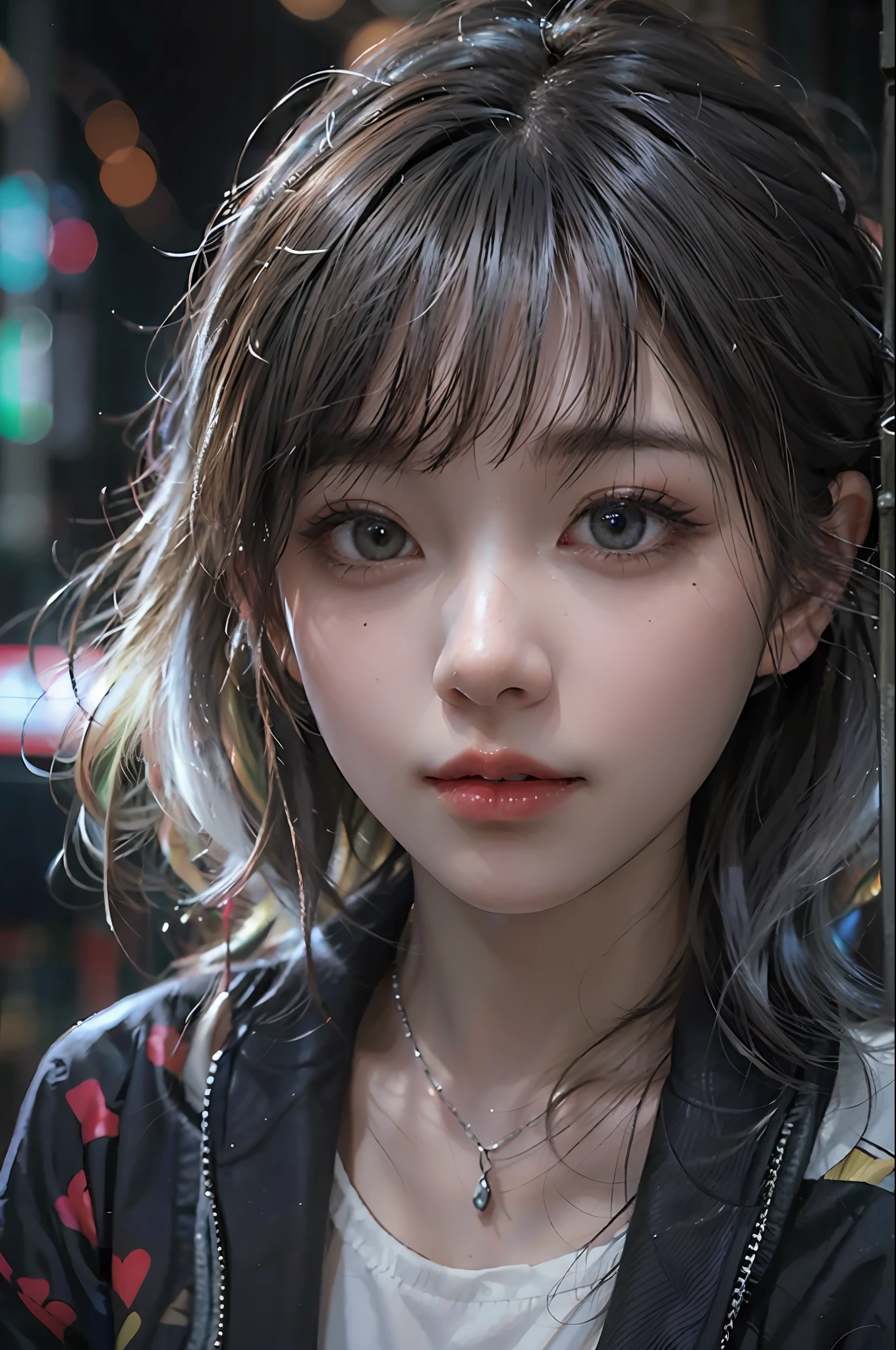 (RAW photo, Best quality), (Realistic, photo-realistic:1.3),Best quality,Highly detailed,Masterpiece,Ultra-detailed,(tmasterpiece), best qualtiy, 超高分辨率, closeup cleavage, slimfigure, 1girl, 46 points oblique bangs，High-definition detail、Hyper-detailing、cinematic ligh、ultra-realistic realism,with short black hair，White skin，famousartwork，s the perfect face，beauitful face，beautidful eyes，（（Perfect female body））,校服, long whitr hair, giggles, Ramen, the night, (Tokyo restaurant background, Colorful lights, photon maping), Radio City, physically-based renderingt, cinmatic lighting, iintricate, high detal, sharp fokus, dramatics, 真实感