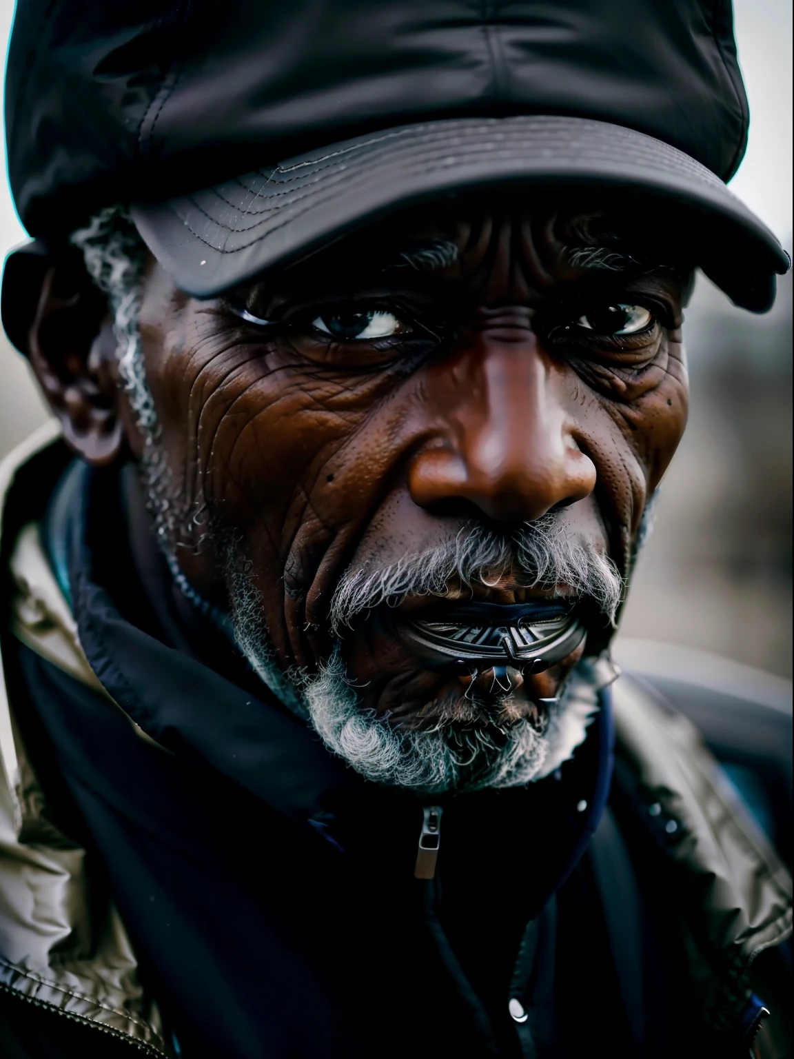 an old man, 60 years old, austere, dark skinned, wrinkled, homeless, gray jacket, torn shoulders, close-up portrait, 4k, hdr, dslr, nikon D700, lens sigma art 85 mm , f1:2