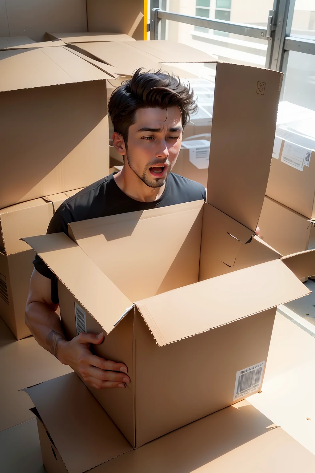 Amazed American man,Open a large cardboard box,Illuminated carton box,There's something exciting about it,Outdoors