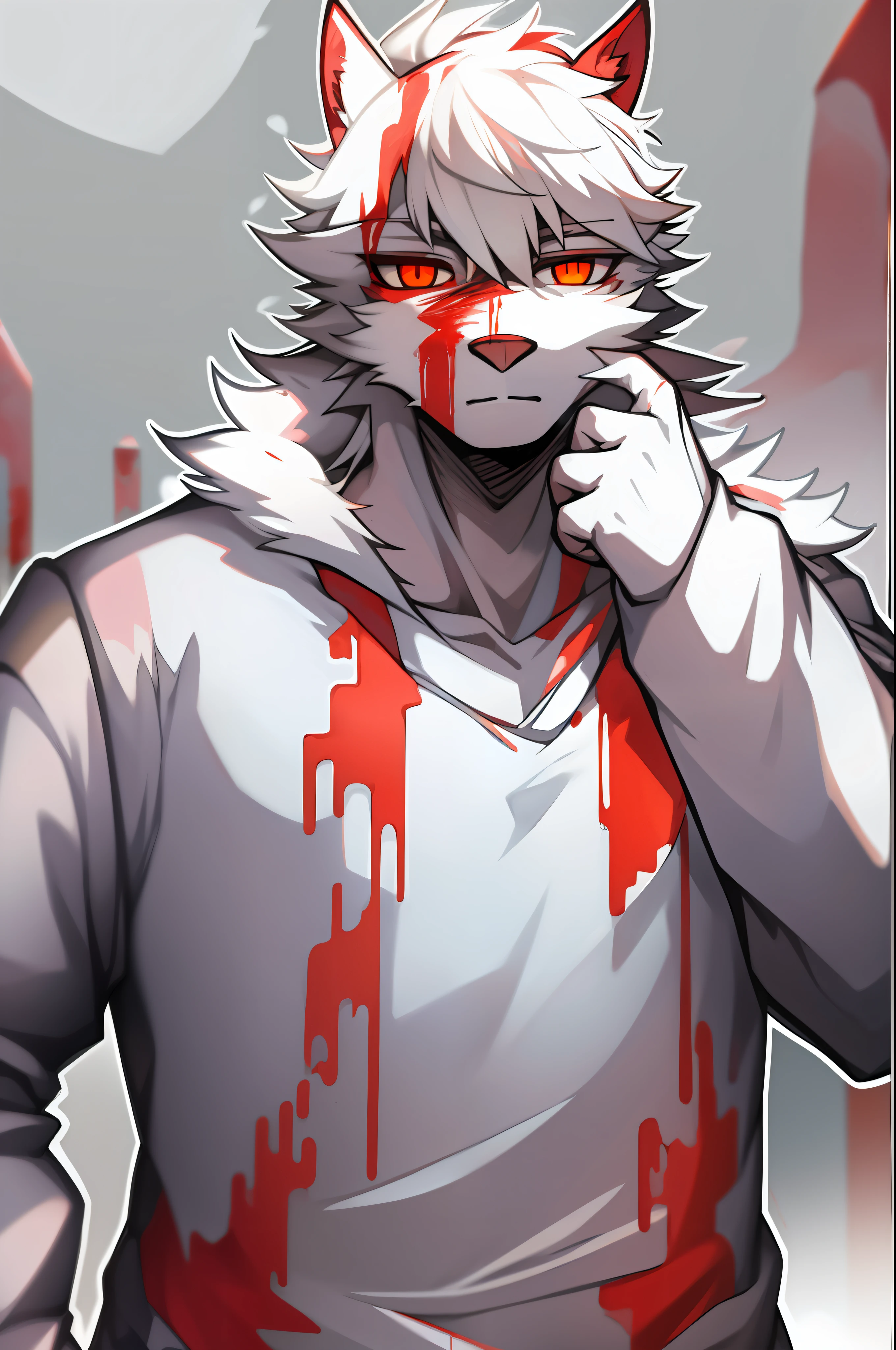 terroral，blood vess，Blood on the body，The corners of his mouth were stained with blood，solo person，White body，White ears，White hair，White fur，Overall white，Orange-yellow eyes，Wolf tail，Wolf orcs，young，Wear a jacket，Ultra-clear screen，Soft lines