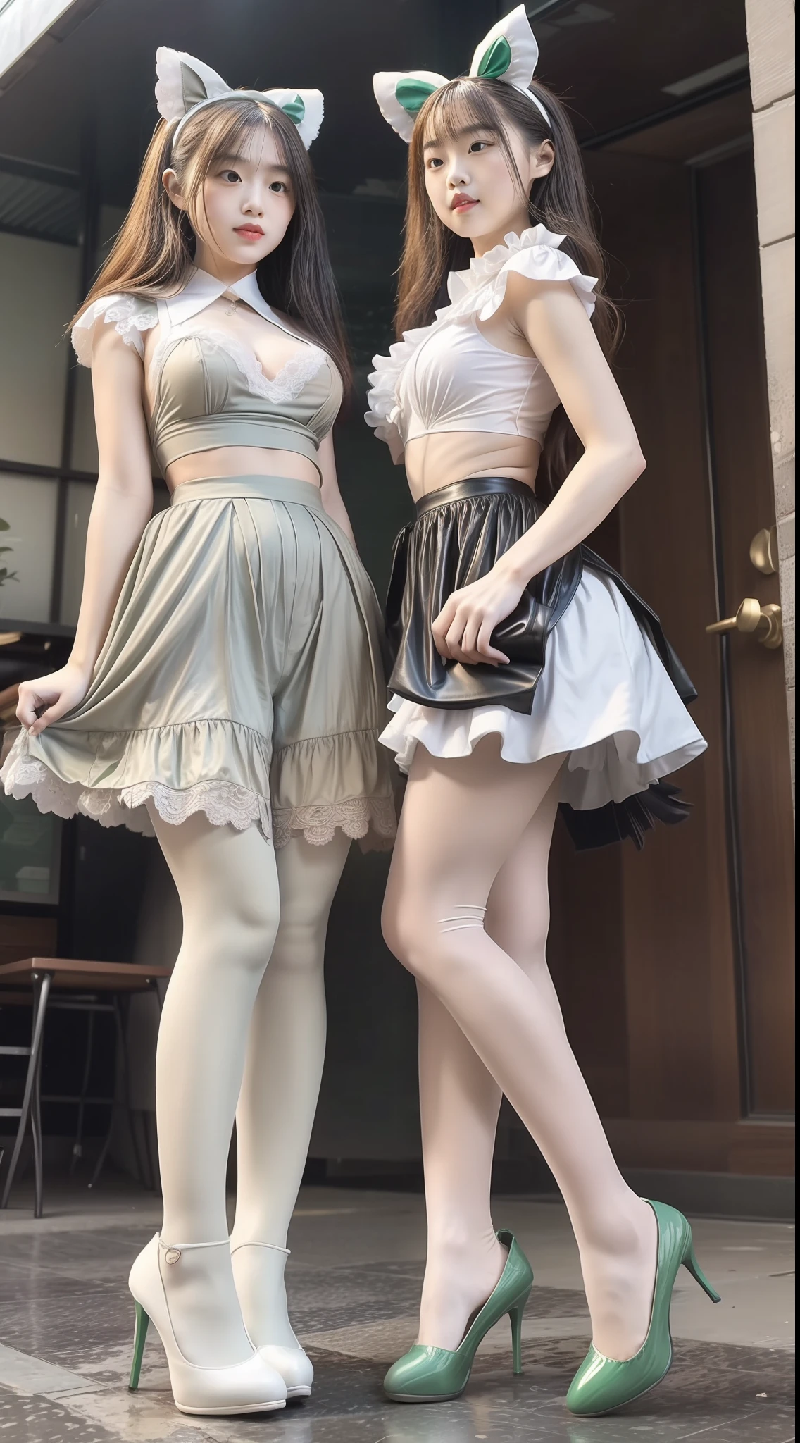 (Full body shot ：2), （Full Focus：1.3）， girlfriend,The characters wear costumes in a green and white color scheme， Satin clothing，Lace high-heeled leather shoes, Extra-long gloves， long leges,, Heavy makeup, A shallow laugh, Must show your face, Must have stockings, Stocking tights, hyper HD, Ray traching, structurally correct, anatomy correct, Award-Awarded, High detail, Chiaroscuro, Cinematic lighting, Masterpiece, Super detail, High quality, High details, Best quality, 16k