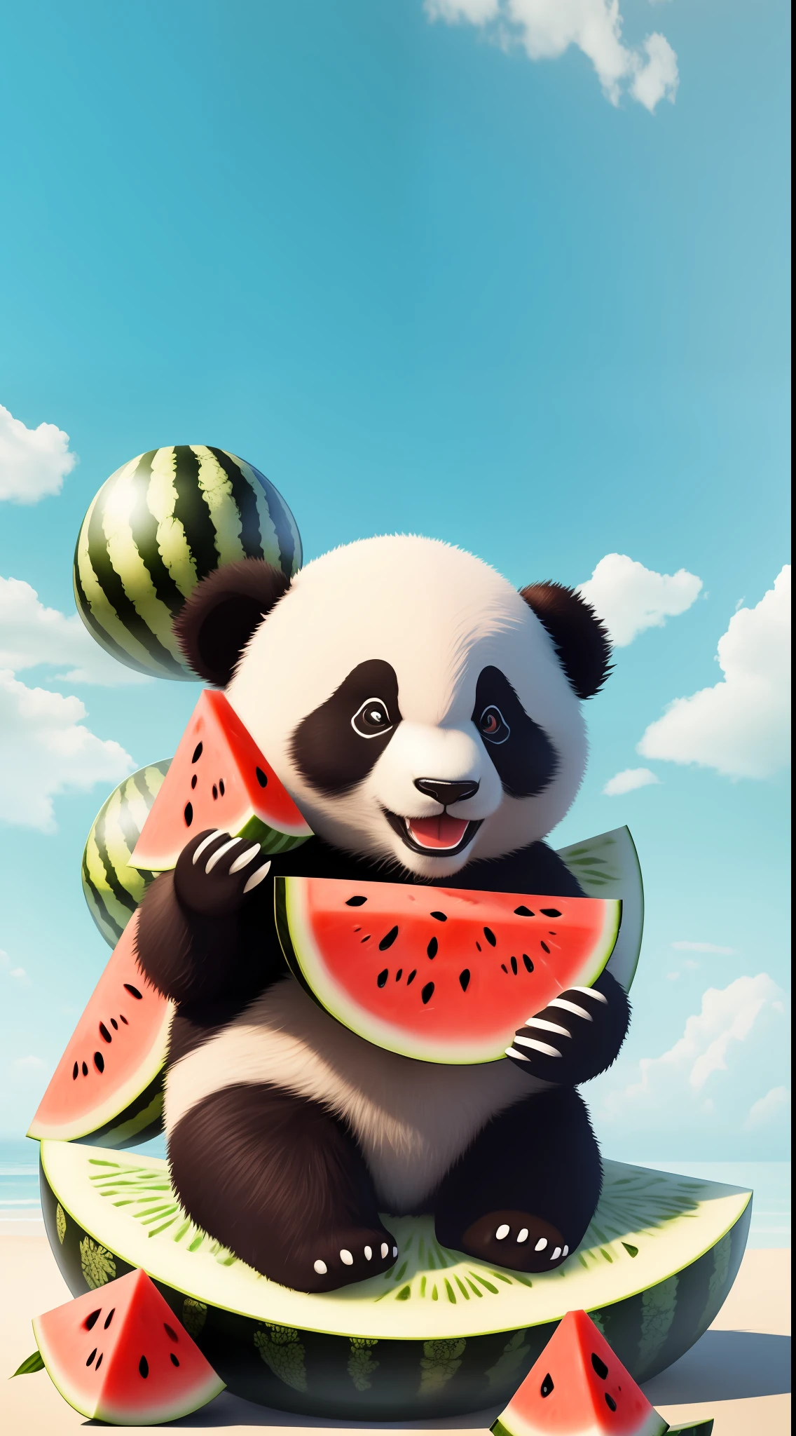 A panda，Eat watermelon on top of ice cubes，Surrounded by watermelons，summertime，Cool，adolable，ultraclear， bright color palette, natural soft light, Simple background in solid color, Octane rendering, Trends on Artstation, opulent, ultra-wide-angle, 8k, k hd, realisticlying