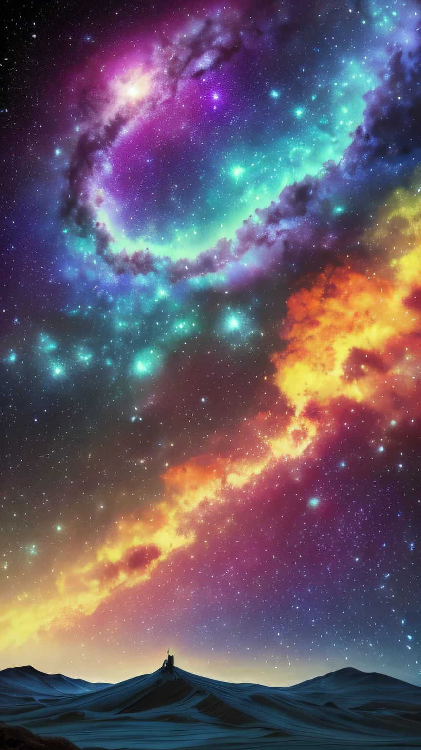 inconceivable and spectacular a scene of emergence of a figure from the glowing cloud, fios de nebulosas fractais, cosmic entities, celestiais, Cosmic, vibrant and vivid, redemoinhos, girando, irreal, alto contraste, simbolismo, magica, mistic, mistificador, hiper-realista, supersaturado , colorida, pouco de verde, pouco de roxo, olhar lindo