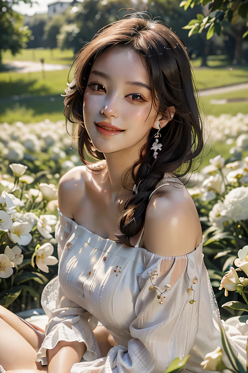 Best quality, masterpiece, ultra high res, (photorealistic:1.4), raw photo, 1girl, white dress, off shoulder, blossom flower field, glowing skin, light smile