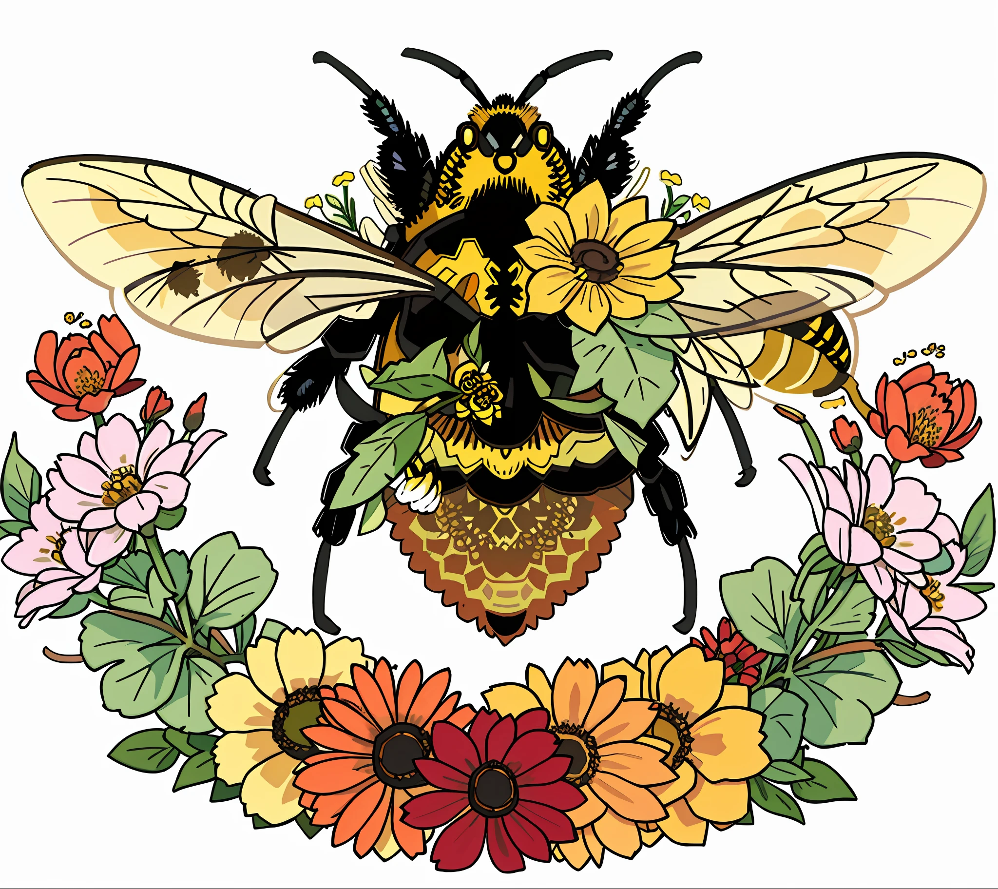 Close-up of bees surrounded by flowers and leaves, Made from bees, honeybee, Close-up of bees, Beep, big bee, (honeybee), Official artwork, detailed digital illustration, Apifinil, official print, made of wildflowers, detailed digital artwork, full color digital illustration, Detailed artwork, Official illustration, graphic artist davi blight, offcial art