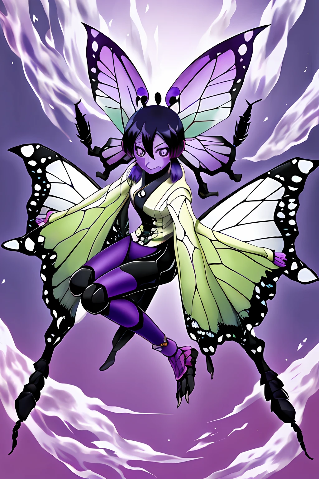 Kochou Shinobu as a Digimon, 1girl,masterpiece, multicolored hair, long sleeves, purple eyes, Insect , fairy ,Butterfly like, digimon\(creature\),((Purple Skin)), Butterfly wing, Insectoid arms ((,insect limbs))