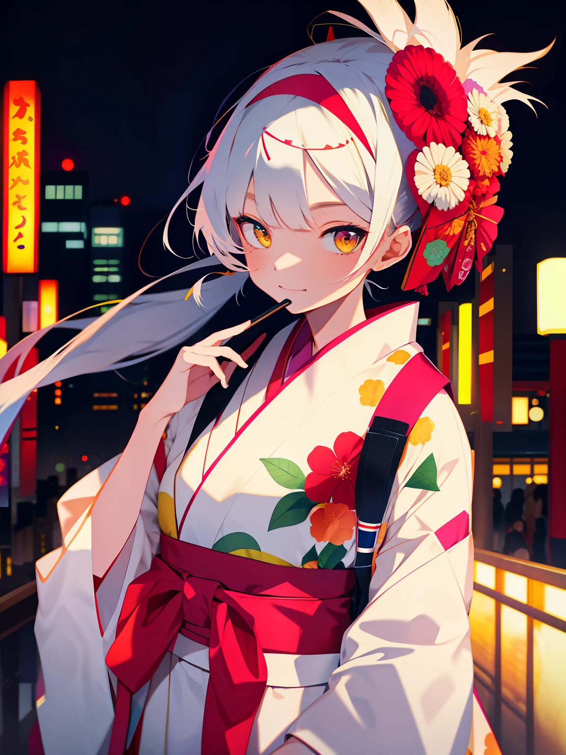 incoming hug, shokaku, 1girl, solo, long_hair, looking_at_viewer, smile, hair_ornament, long_sleeves, brown_eyes, full_body, flower, white_hair, grey_hair, hairband, japanese_clothes, alternate_costume, hair_flower, wide_sleeves, kimono, bag, sash, fur_trim, alternate_hairstyle, headband, obi, floral_print, white_kimono, tabi, fur-trimmed_kimono, masterpiece, best quality, 1girl, solo, night, colorful, cityscape,