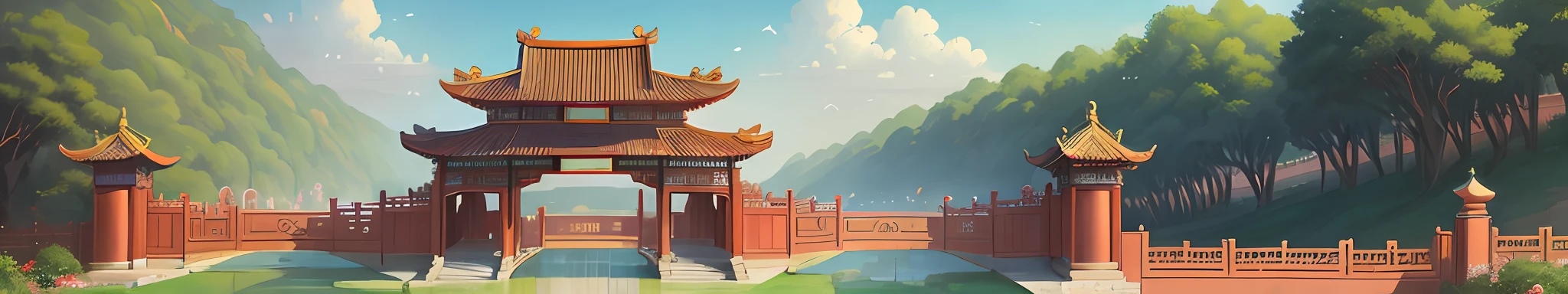 The park has a large arch with a red roof, baotou china, nanquan, changquan, large gate, jinyiwei, huge gate, zun, Chinese style buildings, ruanjia, Riverside, gate, Li Zixin, film Silk Road landscape, Beautiful image, Eat Zhuoxin, private academy entrance, hua cheng