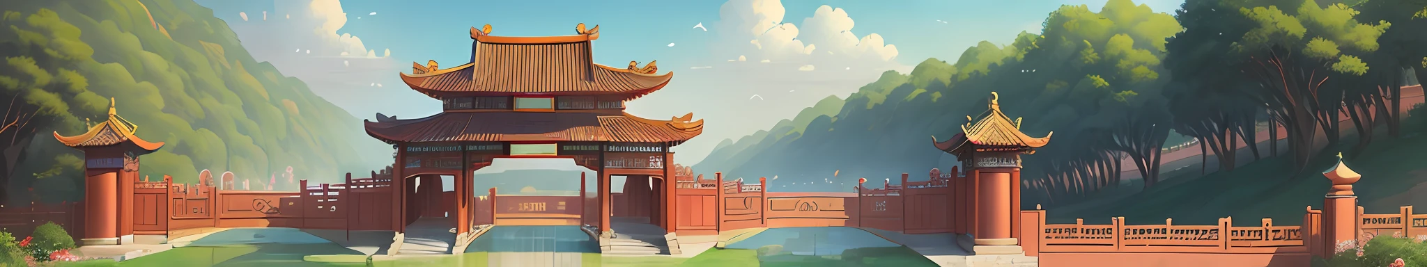 The park has a large arch with a red roof, baotou china, nanquan, changquan, large gate, jinyiwei, huge gate, zun, Chinese style buildings, ruanjia, Riverside, gate, Li Zixin, film Silk Road landscape, Beautiful image, Eat Zhuoxin, private academy entrance, hua cheng