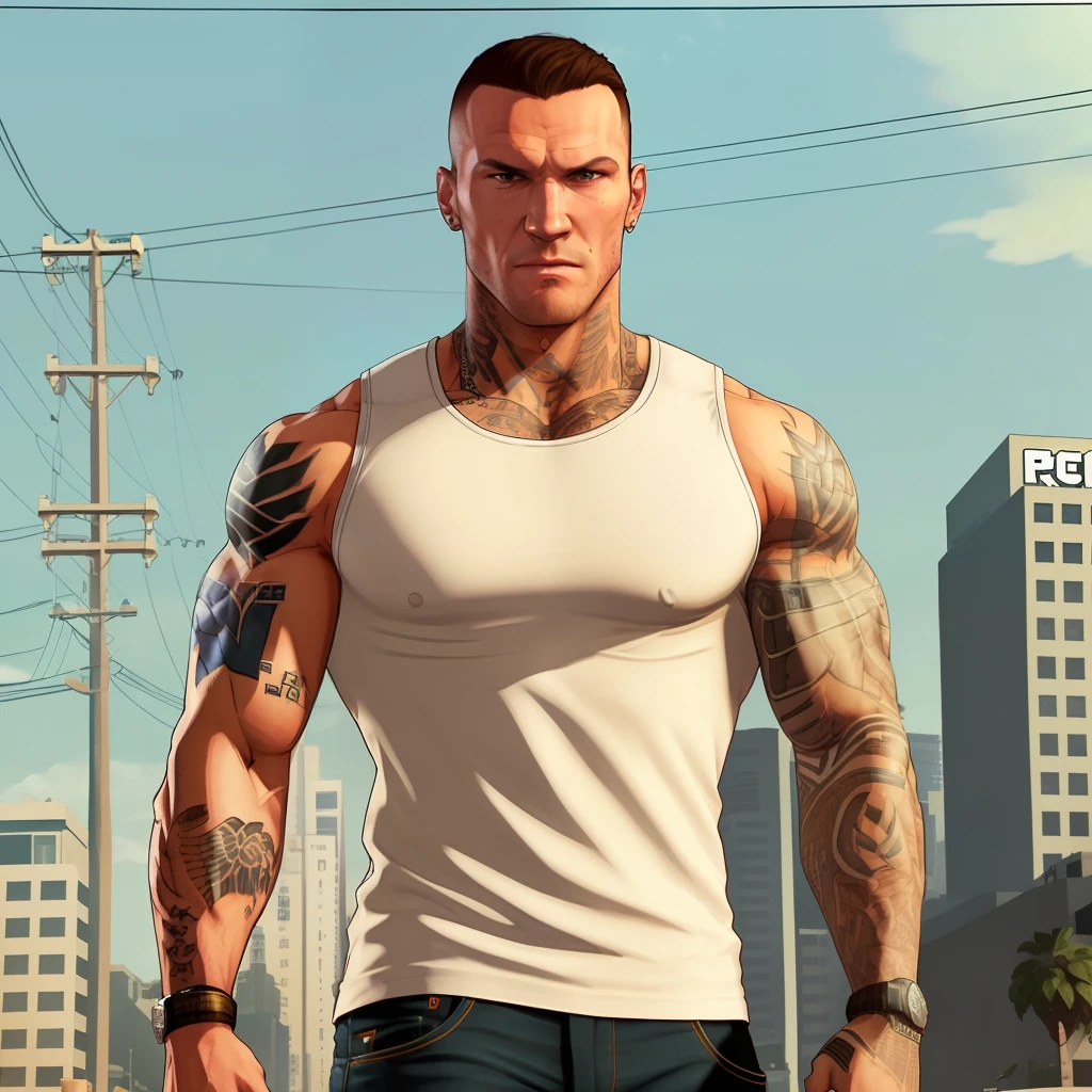 Randy orton,white t-shir, jeans pants, full body, gtav style, cityscape