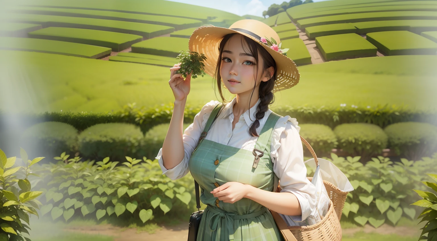 sunbeams blue sky,Biluoquan Tea Garden,Tea picking,Double braid,bit girl,flatchest,Green suspenders,Plaid shirt,(1girll:1.3),ssmile, (((very vey very detailed face))),((very detailed eyes and faces))),beatiful detailed eyes,offcial art,Unified 8k wallpaper,ultra-detailliert,Beautiful and beautiful,big breasts beautiful,tmasterpiece,best qualtiy,primitive,tmasterpiece,ultra fine photos,best qualtiy,超高分辨率,photorealistic realism,rays of sunshine,stunningly beautiful,delicated face,Vibrant and delicate eyes,(From the front side),highly detailedskin,Realistic details of skin,Visible pores,Clear focus,volume fog,8K UHD,digital SLR camera,high qulity,filmgrain,photo-realism(From the front side)Tea picking