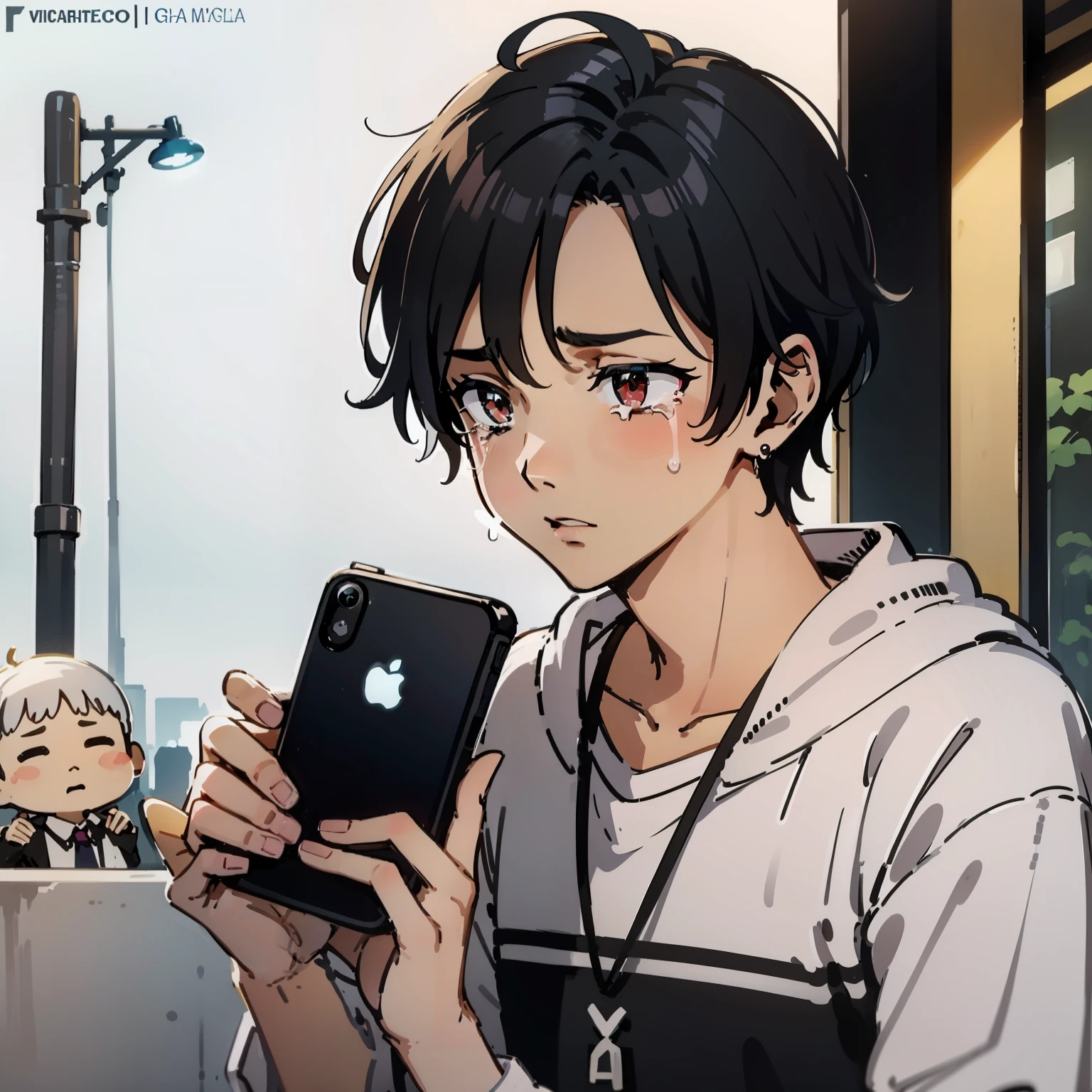 A young man,Mobile phone in hand,Tears are shed