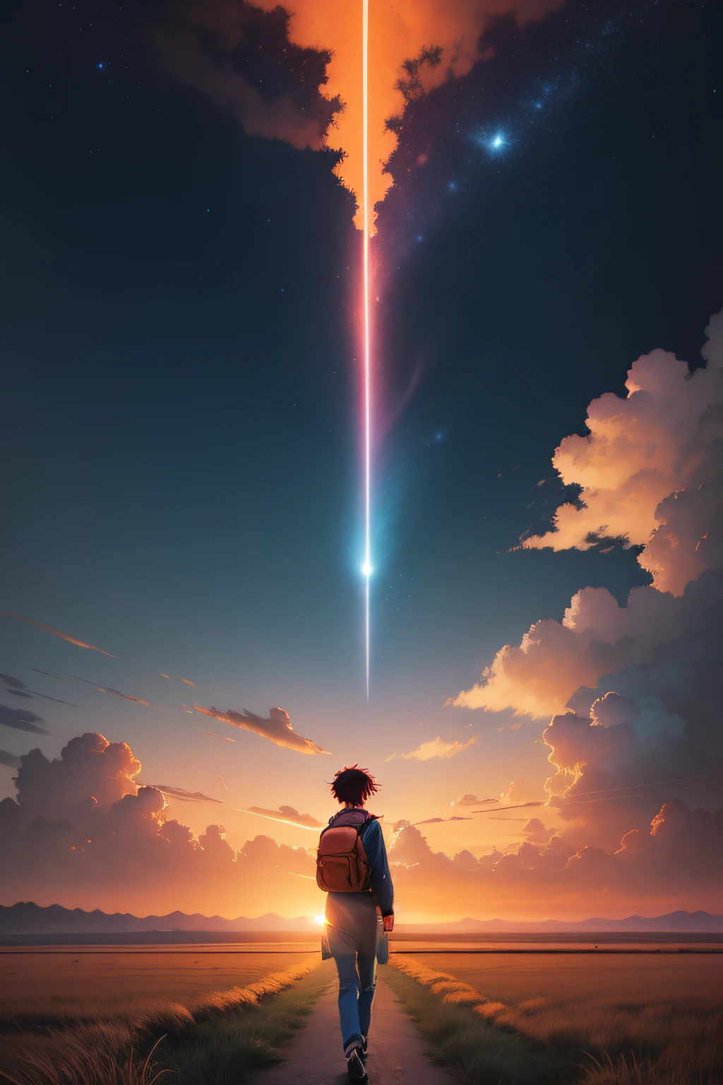 夏天,The vast sky,the beautiful skyline,Large grasslands,Intense and dramatic imagery,the moving visual effects,the high-hanging Polaris,Colorful natural light。In the distance there is an orange long-sleeved blouse,denim pant,A young man carrying a backpack。walking away from the camera,Makoto Shinkai animation style。