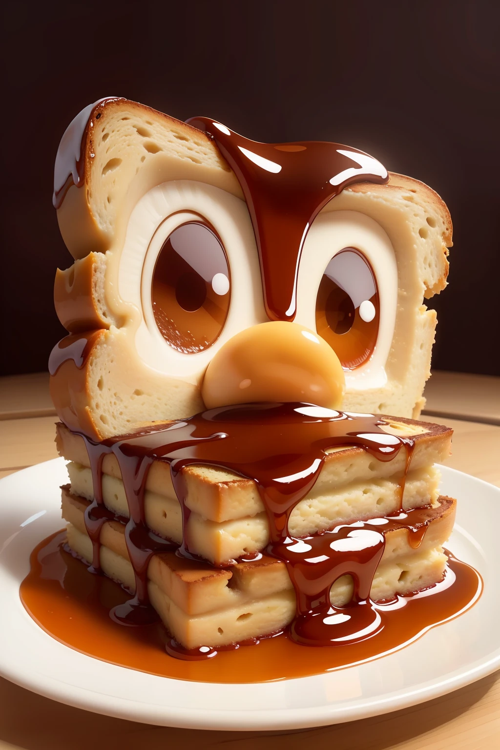 a square shaped cartoon French toast covered in maple syrup, oozing from melting warm brown maple syrup, disney art style, with a nice looking face, jimbo phillips art style