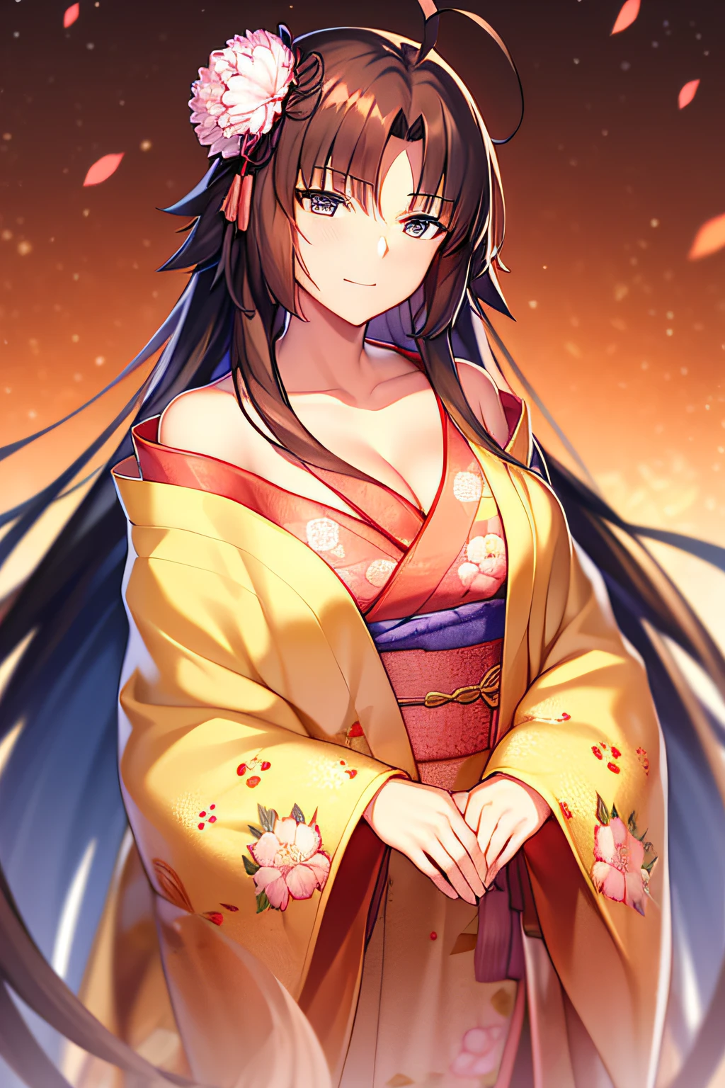 ryougi shiki (third ascension), (((Best quality))), ((Ultra-detailed)), ((illustration)), ((Disheveled hair)), ((frilld)), (1 girl), (Solo),ryougi shiki (third ascension) ahoge, alternative costume, Alternative hair length, Alternative hairstyles, bangs, Bird, Black hair, Blue eyes, Breasts, Brown eyes, cherry blossom, 鎖骨, cleavage, Crane (Animal), Female, Estampados florales, flower, hair flower, hair adornments, komono, Large breasts, Long hair, Long sleeves, No bra, Obi, cropped shoulders, Parted bangs, Peony print, petals, Pink clothes, Red-crowned crane, ribbon, Robe, Rose printing, sash, Smile, Wafuku,(hide hands:1.4),