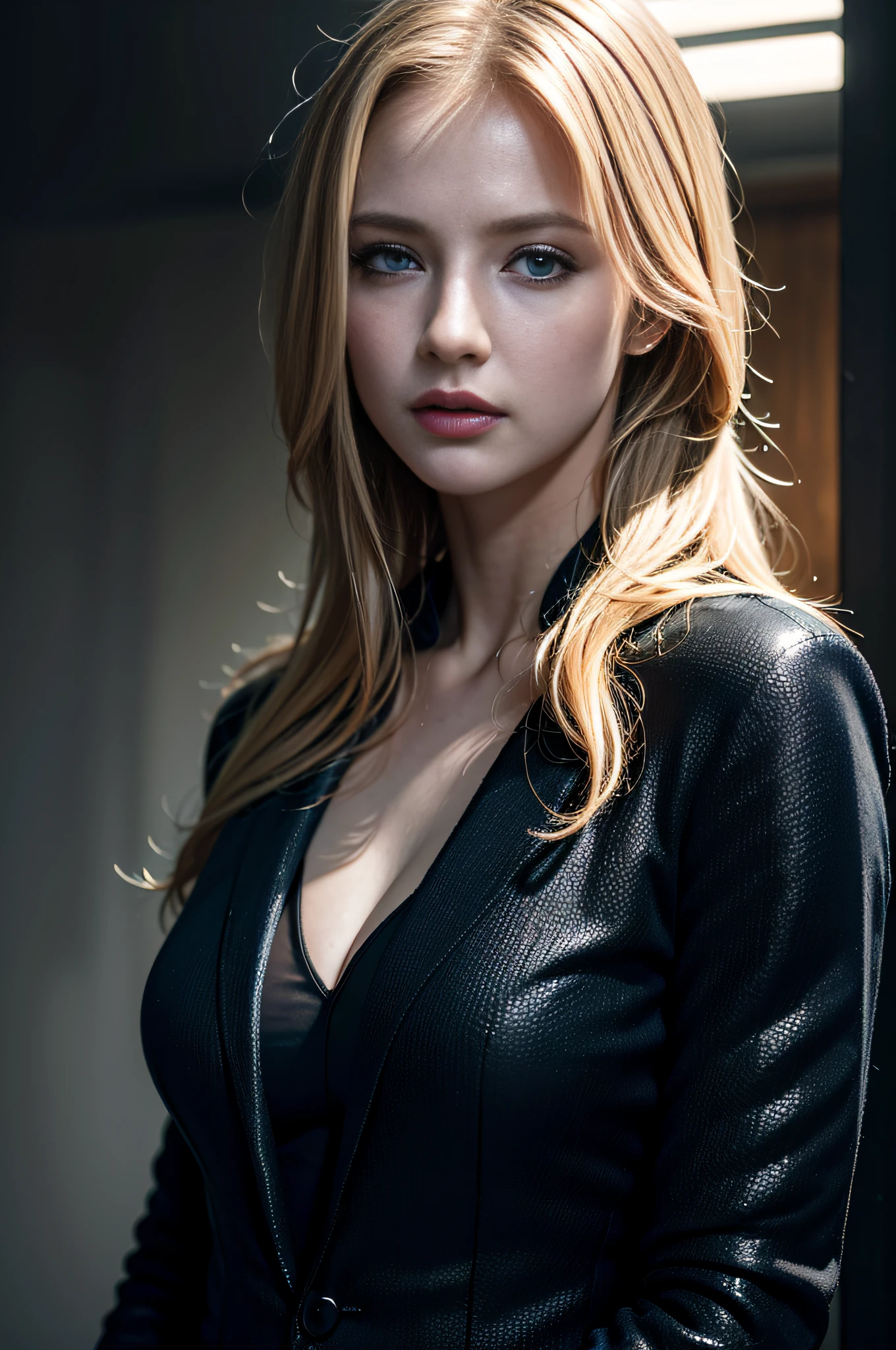 Best quality, masterpiece, ultra high res, (photorealistic:1.4), raw photo, 1girl, blonde hair, blue eyes, detailed eyes and face, black suit, dynamic lighting, in the dark, deep shadow, low key, cowboy shot full-lenght body