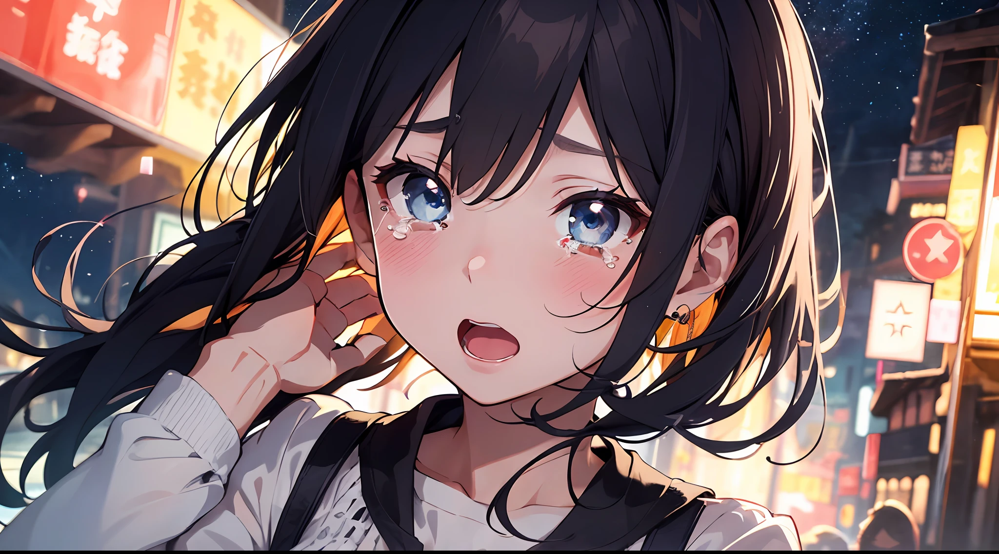 (Masterpiece, top quality, super detailed CG, beautiful detailed eyes, super detailed, intricate details:1.2), 8k wallpapers, elaborate features,
(1 person, solo:1.4)perfect cartoon illustration,(1 person, solo:1.4)
(realistic textures:0.8), high res, cute, (vivid colors, dynamic lighting:1.0), (high contrast:0.8),
Young woman in a rage, pretty face violently flushed and trembling with anger, eyes full of tears, dressed in rough clothes (skirt and white blouse), arms straight down and hands clasped tightly, standing up straight, time is night,The place is her bedroom.
, whole body is in the illustration.