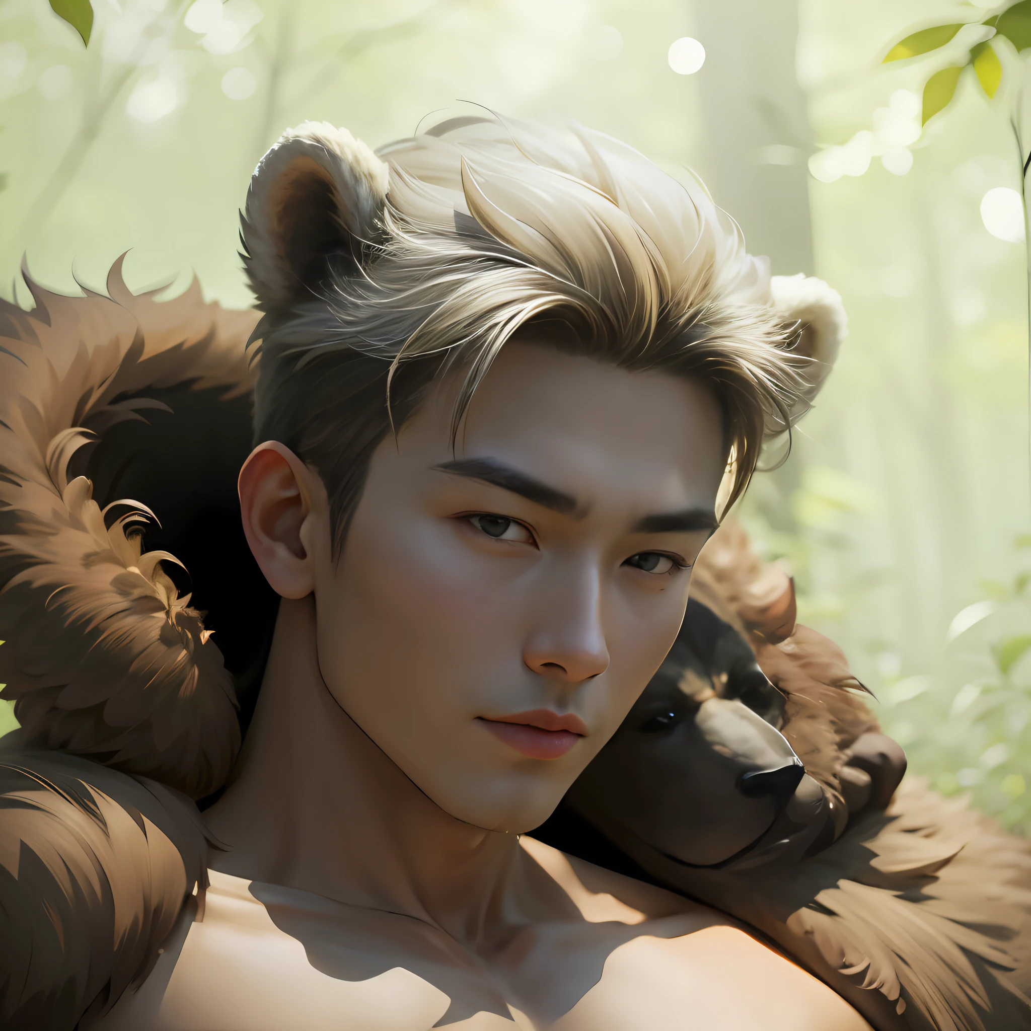 handsome face, but Korean guy, 25-30 years old, has bear ears