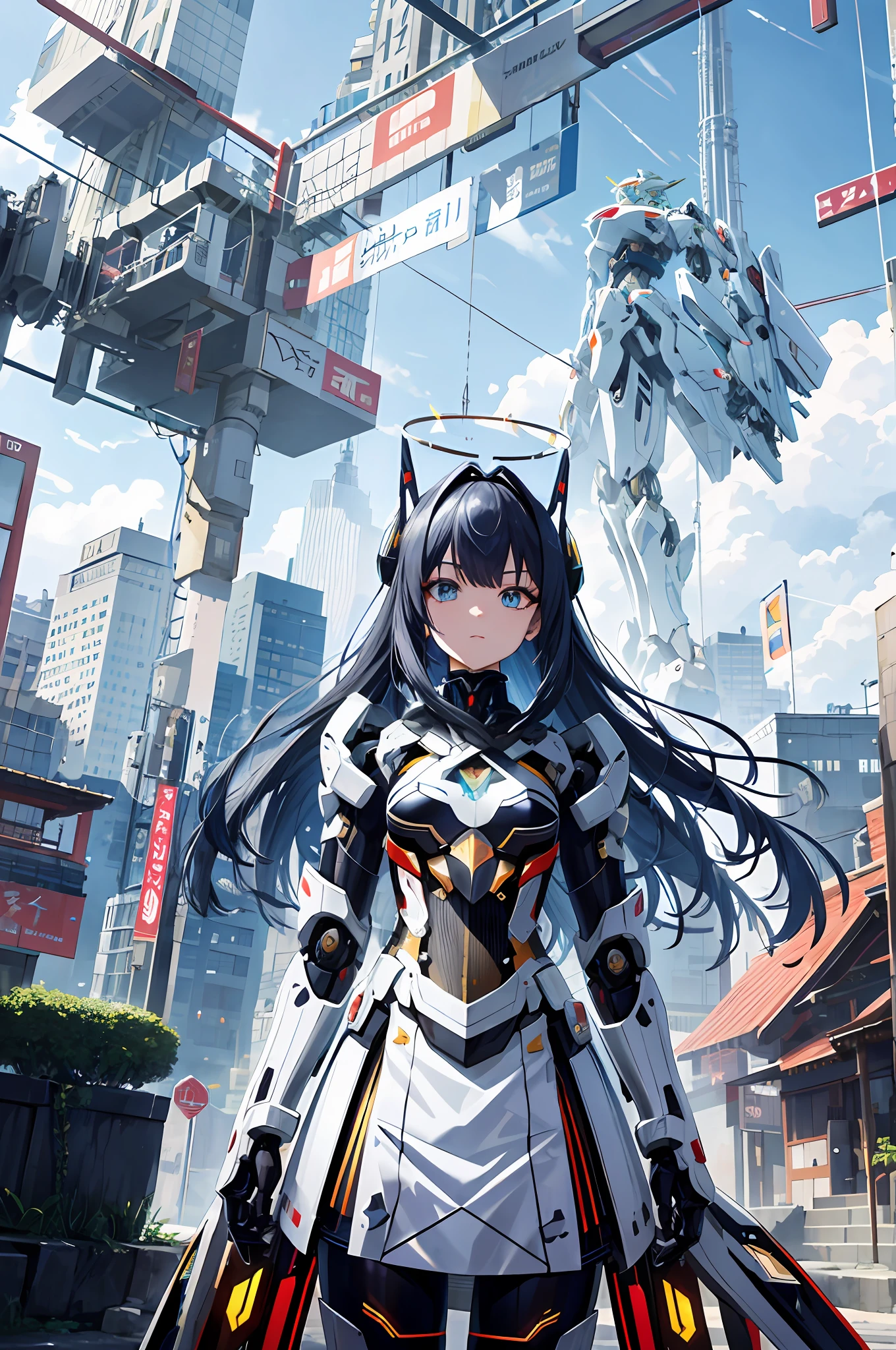 tmasterpiece,best qualtiy,ultra - detailed,very detailed illustration,The is very detailed,Complicated details,A high resolution,super complex detail,Very detailed 8k CG wallpaper,cowboy lens,Caustics,Reflectors,Ray traching,Demon Theme,Starcloud,darkness aura,cyber effect,(1girll:1.4),Solo,Alone,Mecha musume,mechanicalparts,robotjoints,single mechanical arm,Headgear,Mechanical Aura,Star halo,electric mechanical bodysuit,mecha corset,komono,Full armor,Very long hair,White hair , Hair between both eyes, Colorful hair, Colored inner hair, blue colored eyes, glowing light eyes, Eye trajectories, Random expressions, Random actions, Ancient Japanese architecture, ponds, starrysky, skylines,