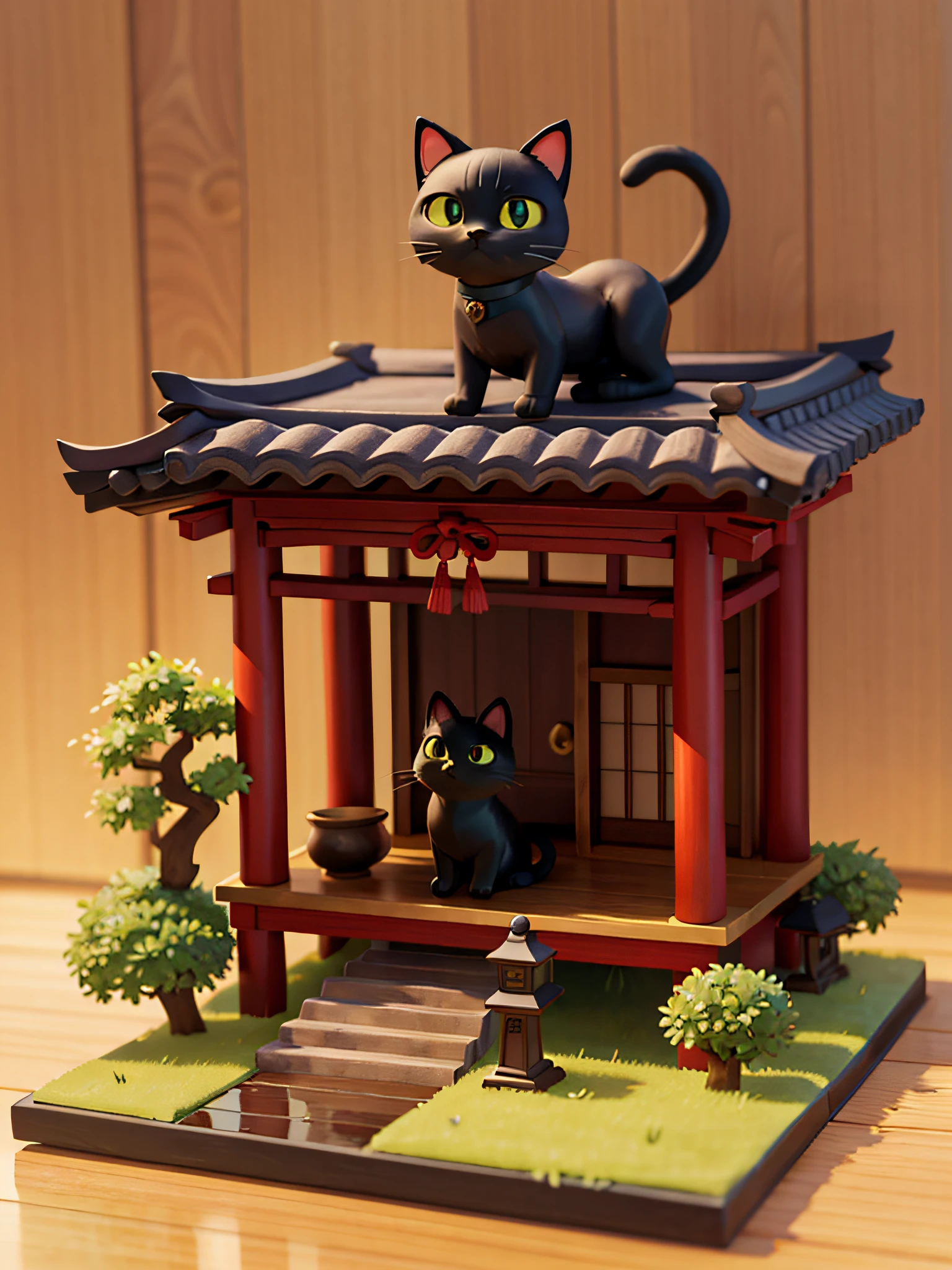 a cat,cute cat,one body,one head,singl face,toy,vignette figure,whole body、1 cat、Cute Cat Figure、Ultra Precise Cat Figure、Deformed cat、Sparkling eyes、Cat whole body、Output image quality(add detail、The ultra -The high-definition、Masterpiece、hight resolution、8K、Award-winning works)、(intricate-detail、ultra-detailliert:1.2)、Cinematic Shots、vignettes、central、japanic style、pure Japanese style、japanese aesthetic、Shrine of Japan、one-story house、Stone staircase、Stone approach、potted、pine trees、willow trees、black cat、Chic impression、Muted shades、gentle shades、Attractive composition、Attractive lighting、depth of fields、diorama、Figure material(woodenhor、Woody)