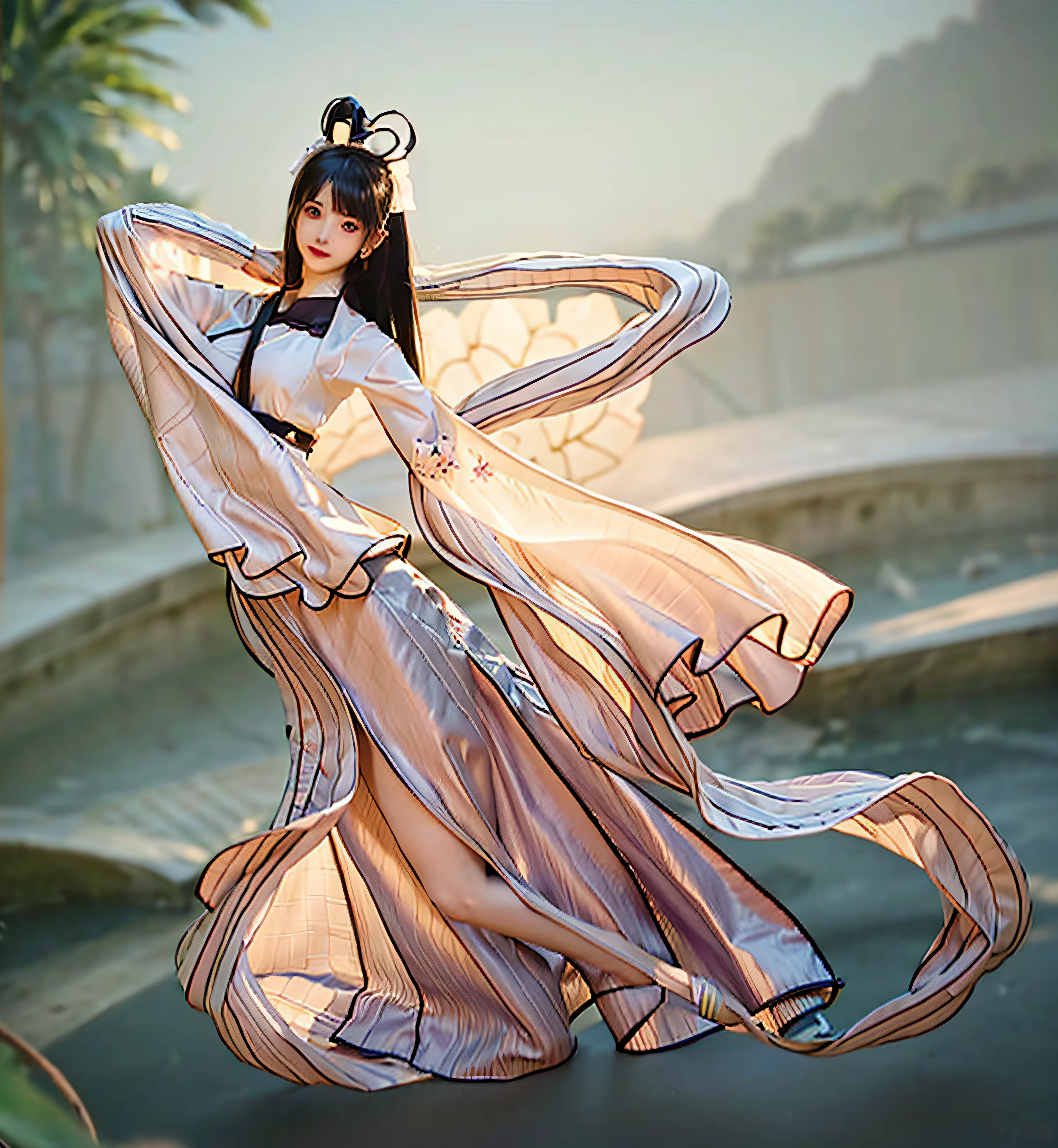 There is a girl in a green dress, clubs,palaces,oriental architecture ray tracing,{best qualtiy},{ {tmasterpiece}},Extremely detailed 8K wallpaper,{An extremely delicate and beautiful},coloured with lots of colour,intricately details,photorealestic,Realiy,Camera quality,(Carefully portray clothes),Cold white skin,(Carefully portray blush),1080p,suns,Soft cute,Smooth light silver hair,Messy beauty,lamplight,Sense of brokenness,The skin is shiny and silky,3D stereoscopic,tmasterpiece,The best quality,The illustrations are super detailed,beautidful eyes,Very delicate light,Fine luminescence,Very detailed 8K CG wallpaper,Peach blossom eyes,Red pupils,An extremely delicate and beautiful girl,8k wallpaper,best qualtiy,close-up all over the body,a white long skirt,Luxuriously silky bright red chiffon overshine(Illusion,glitters,Ultrathin,softness,)Hanfu,National tide costume mythical fairy