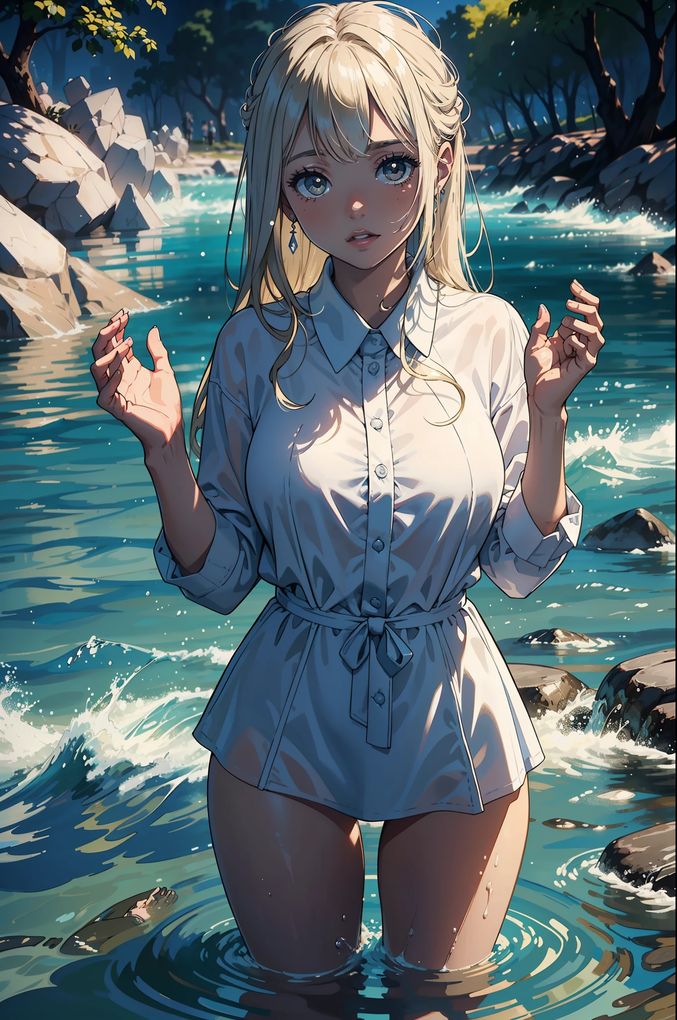primer plano. A very beautiful young woman stands in the water of a river and shouts with joy with her hands raised.................. (Good Composition) (obra de arte) (Arte expresivo). (((Pechos masivos gigantes))) (((cabello rubio platino))
