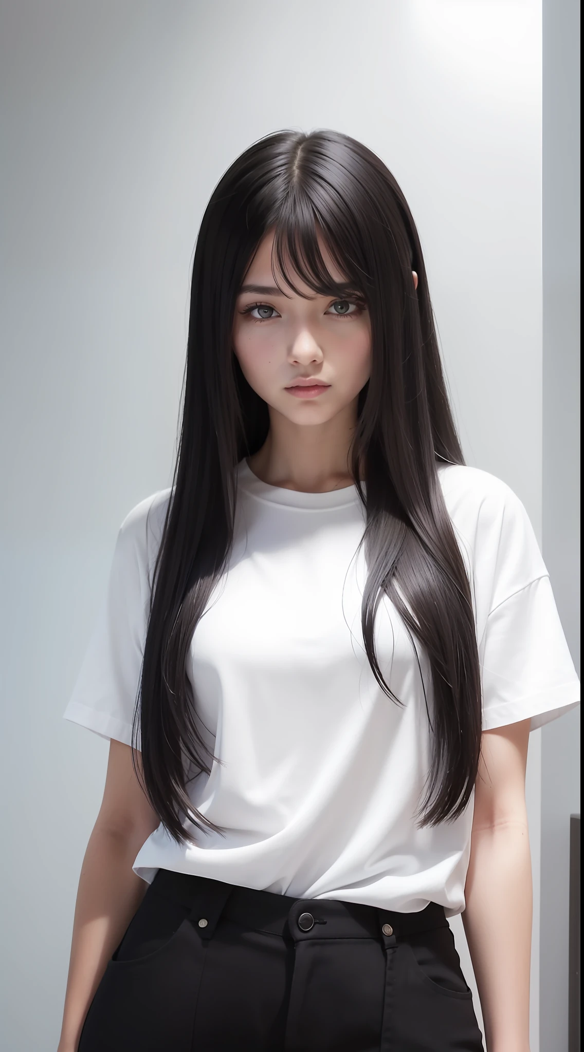 a woman in a white shirt and black pants is playing a video game, simple style, wearing elegant casual clothing, dim red, simple clothing, milk and red style, casual clothing style, modern fashion clothing, wearing fisherman clothing, modern casual clothing, inspiration , white shirt, black pants, neutral tones, black and white color scheme, business casual attire, scary face, nikes, 22 years old, mature face, long hair, ((black hair))