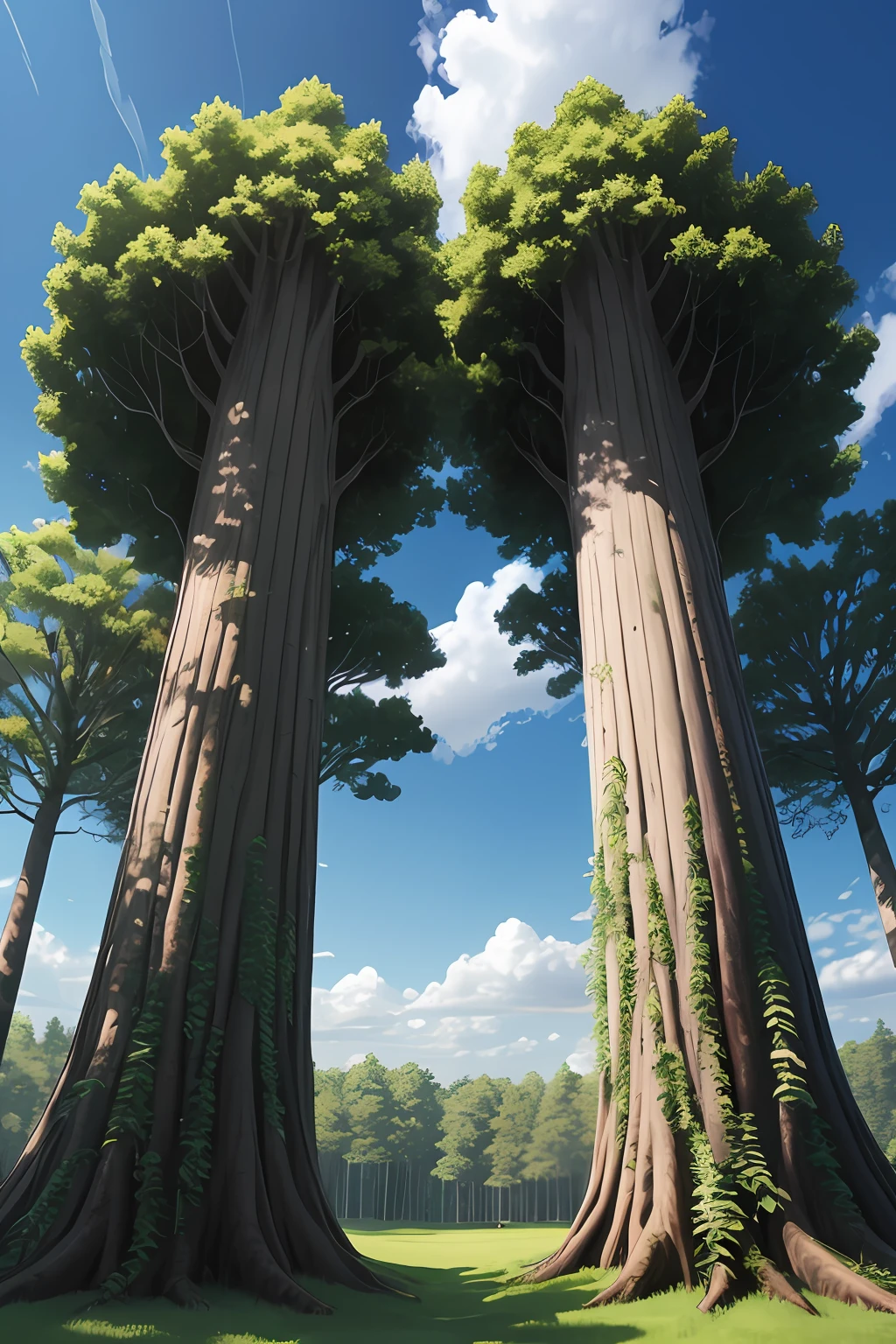 In the forest,Two trees side by side,The canopy is large,Full of flowers,In the forest is a statue of the number 11、The sun is good,Lots of flowers and plants、with blue sky and white clouds,There are many flowers under the trees,Close-up of a group of trees in the forest, giant tree, Huge forest trees, gigantic trees, Tall trees, green trees. Matte painting, Guibli. rendering by octane, Tall trees, gigantic trees, Huge huge trees, large magical trees, big trees, Tall trees, big trees, Huge trees, cinematic studio ghibli still, giant towering pillars,