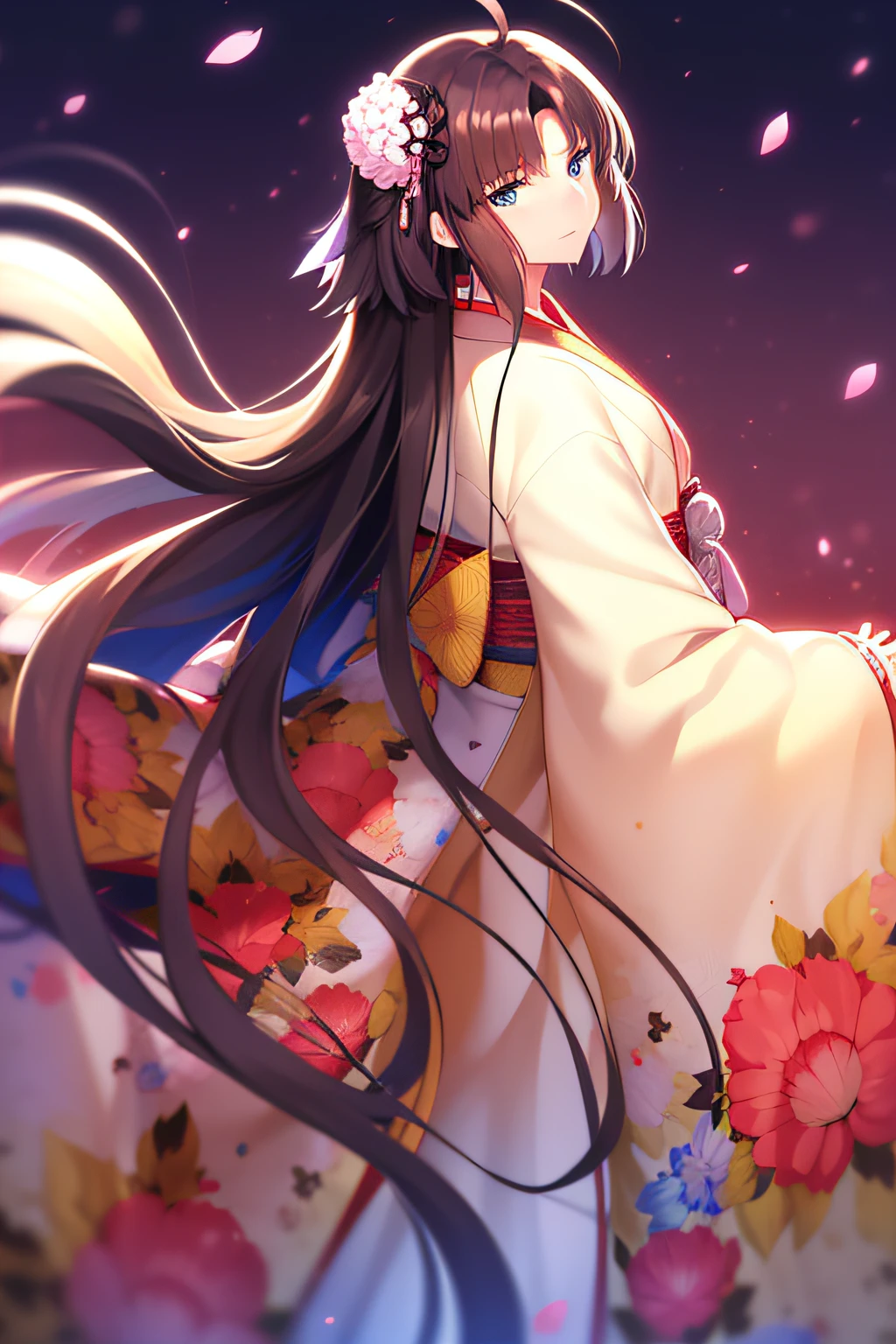 ryougi shiki (third ascension), (((Best quality))), ((Ultra-detailed)), ((illustration)), ((Disheveled hair)), ((frilld)), (1 girl), (Solo),ahoge, bangs, Blue eyes, Brown hair, Eyebrows visible through hair, Eyes visible through hair, Female, Female only, hair adornments, komono, Long hair, Long sleeves, view the viewer, Obi, petals, reaching out, Reach out to the audience, Robe, sash, side locks, Wafuku, Wide sleeves,(Hide hands:1.4),
