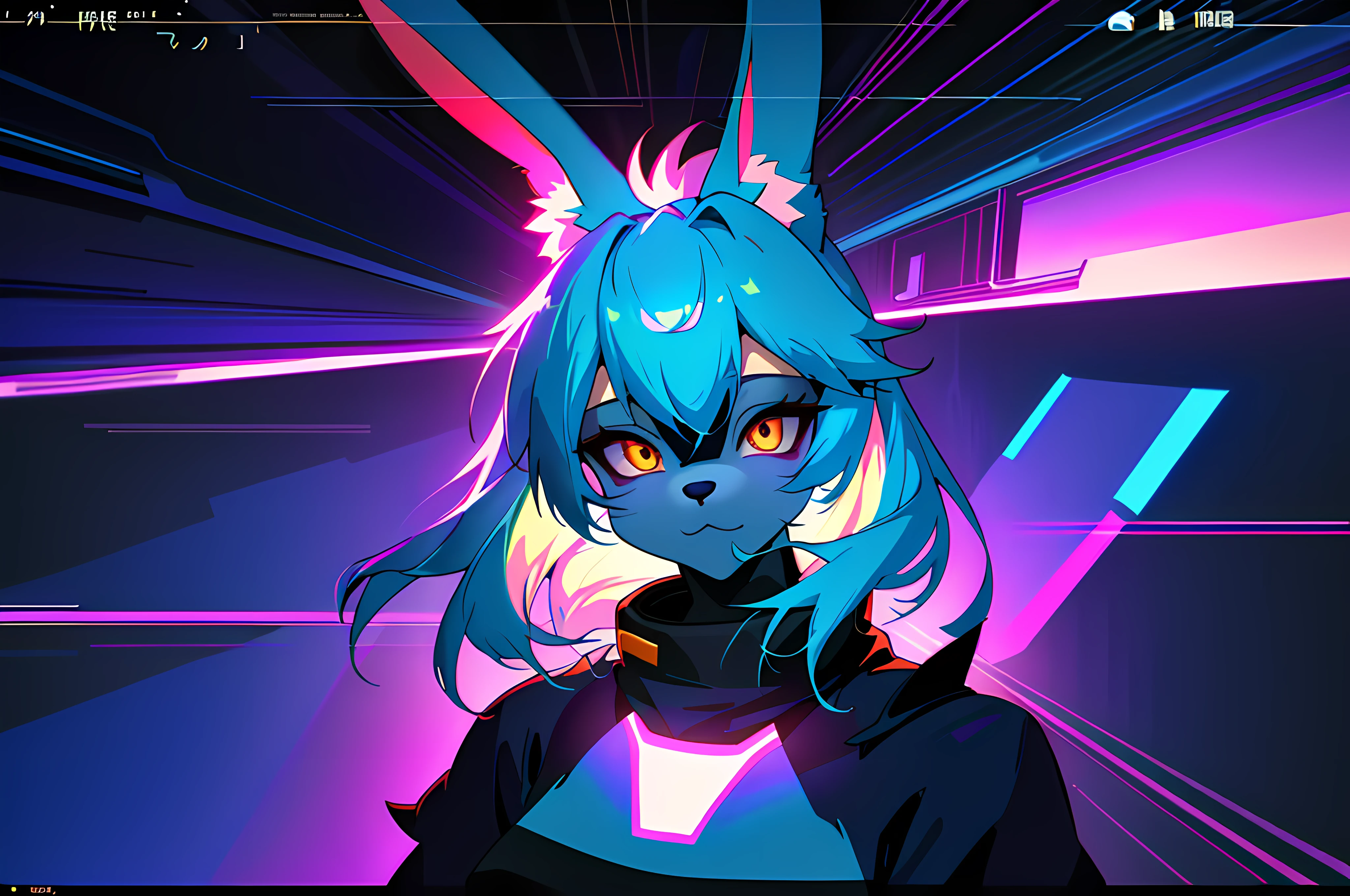 (vintage vhs), (crt screenshot), (Zen, Amy Sol style),  (((blue anthro kemono furry rabbit))), underground cavern shining flashlight in old ruins, scene from a show about a blue anthro furry kemono rabbit who investigates deep space crime, (vast decrepit scenery:1.2) blame! style, nightmarish illustration, glowing eyes everywhere, intense eye contact, hybrid human / anthro, electrixbunny, rabbit anthro portrait, ((portrait)), bunnypunk, weirdcore voidpunk fursona, wearing bunny ears, cover art with light abstraction, abstract, simple vector art, contemporary Cybernetic art, color gradients, soft color palettes, layered forms, whimsical animation, style Ethereal abstract, 4K, --v6