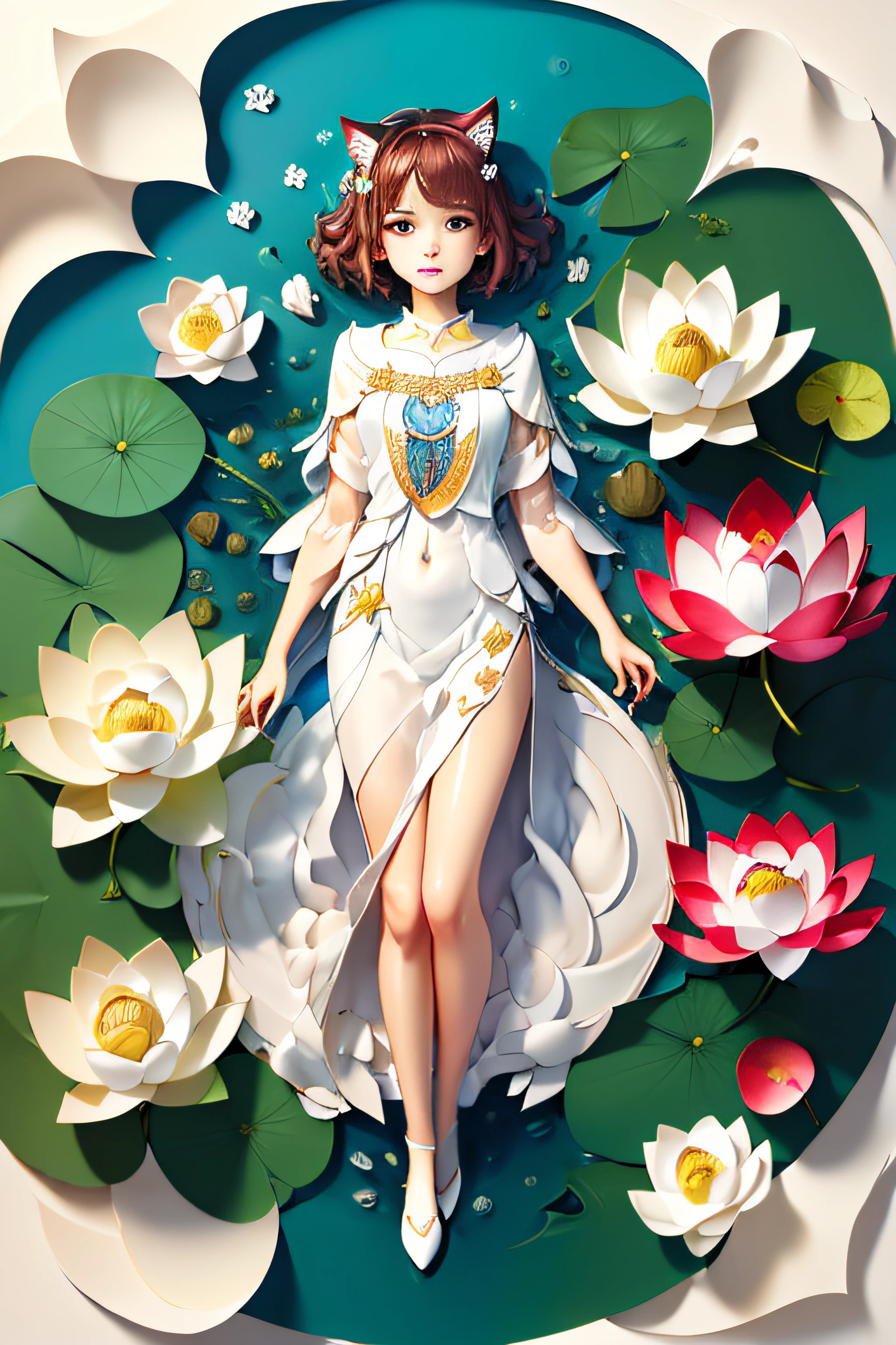 (((masterpiece))),bestquality,illustration,beautifuldetailedglow,
paper_cut, 1girl,solo,angel, full body,colorful,white cloth,(water),(lotus), cat,