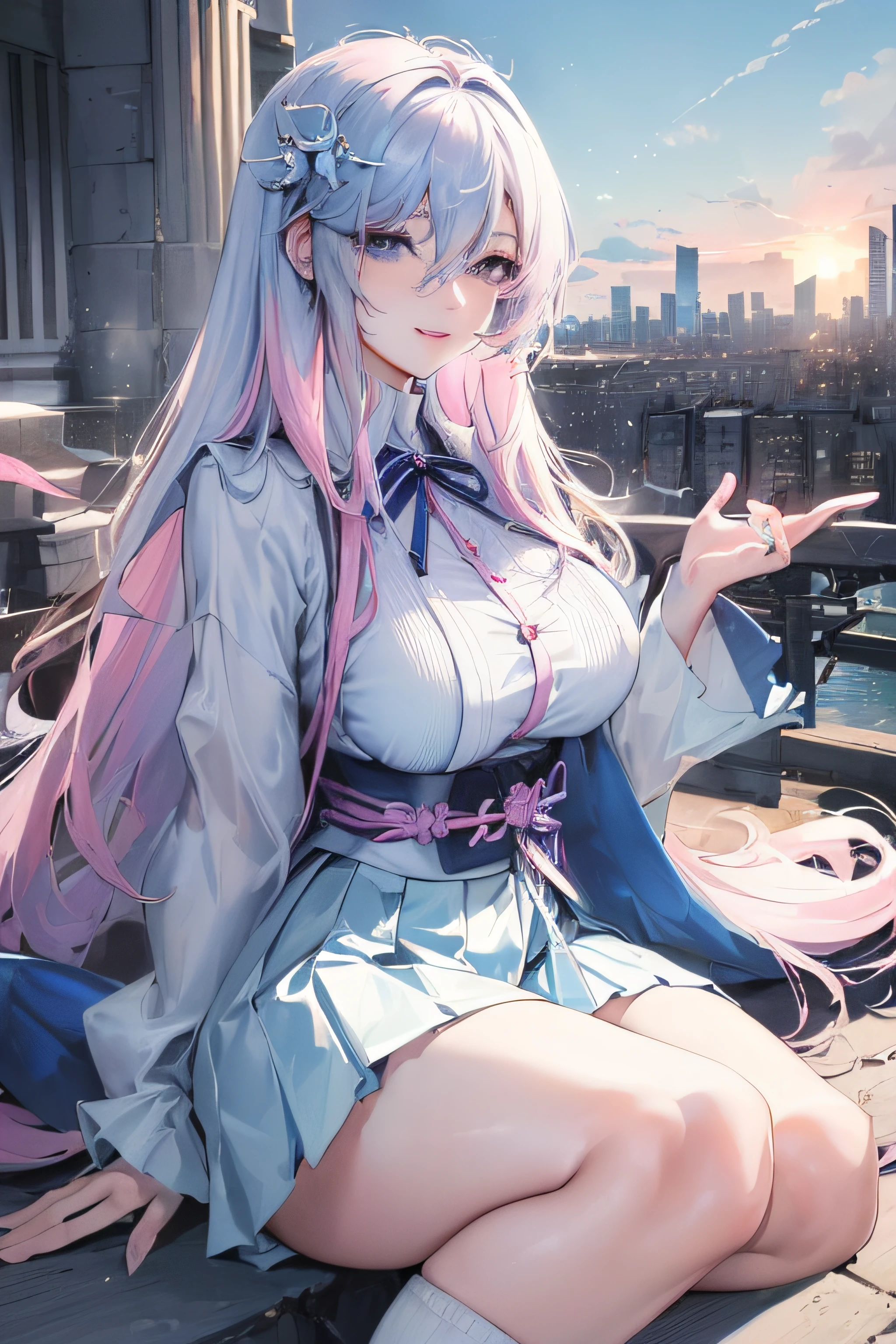 official art, masterpiece, sharp focus, (beautiful gorgeous cute Korean woman:1.3), (beautiful cute korean:1.3), korean beauty, Delicate and beautiful hair and eyes and face, realistic, ultra detailed, beautiful girl, blue sky, glow white particle, (sidelighting:1.2), sun light, white cloud, detailed clouds, slender, Lovely very large breasts and very large hips, smile with teeth, ((smile with eyes, open both eyes)), scenery, long straight hair, sexy facial expression, building, (cityscape:1.7), dynamic hair, long straight hair, detailed platinum pink hair, glow blue eyes, (blue pleated shirts + white skirt), white long socks, pale skin, hair ornament, epic scenery,