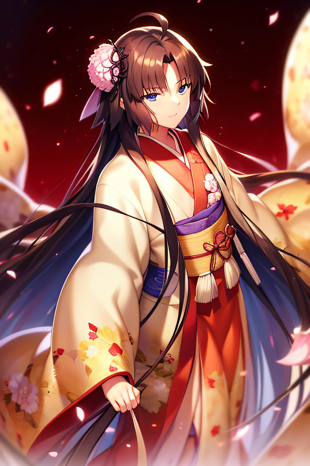 ryougi shiki (third ascension), (((Best quality))), ((Ultra-detailed)), ((illustration)), ((Disheveled hair)), ((frilld)), (1 girl), (Solo),ahoge, bangs, Blue eyes, Brown hair, Eyebrows visible through hair, Eyes visible through hair, Female, Female only, hair adornments, komono, Long hair, Long sleeves, view the viewer, Obi, petals, reaching out, Reach out to the audience, Robe, sash, side locks, Wafuku, Wide sleeves,(Hide hands:1.4),