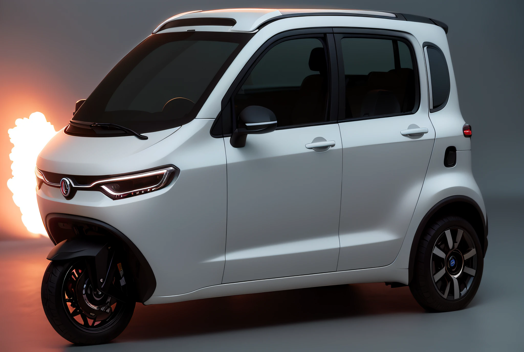 Close up of small car with side sticker,White car paint,White car, intelligent, kama russian electrocar, new vehicle, cute future vehicles, 3 6 0 p, futuristic product car shot, 4 8 0 p, 480p, sha xi, 360º, full view of a car, 4L, 3/4 front view of a (masterpiece:1.2) (photorealistic:1.2) (bokeh) (best quality) (detailed skin) (intricate) (8k) ( HDR)(电影灯光)(Sharp focus)