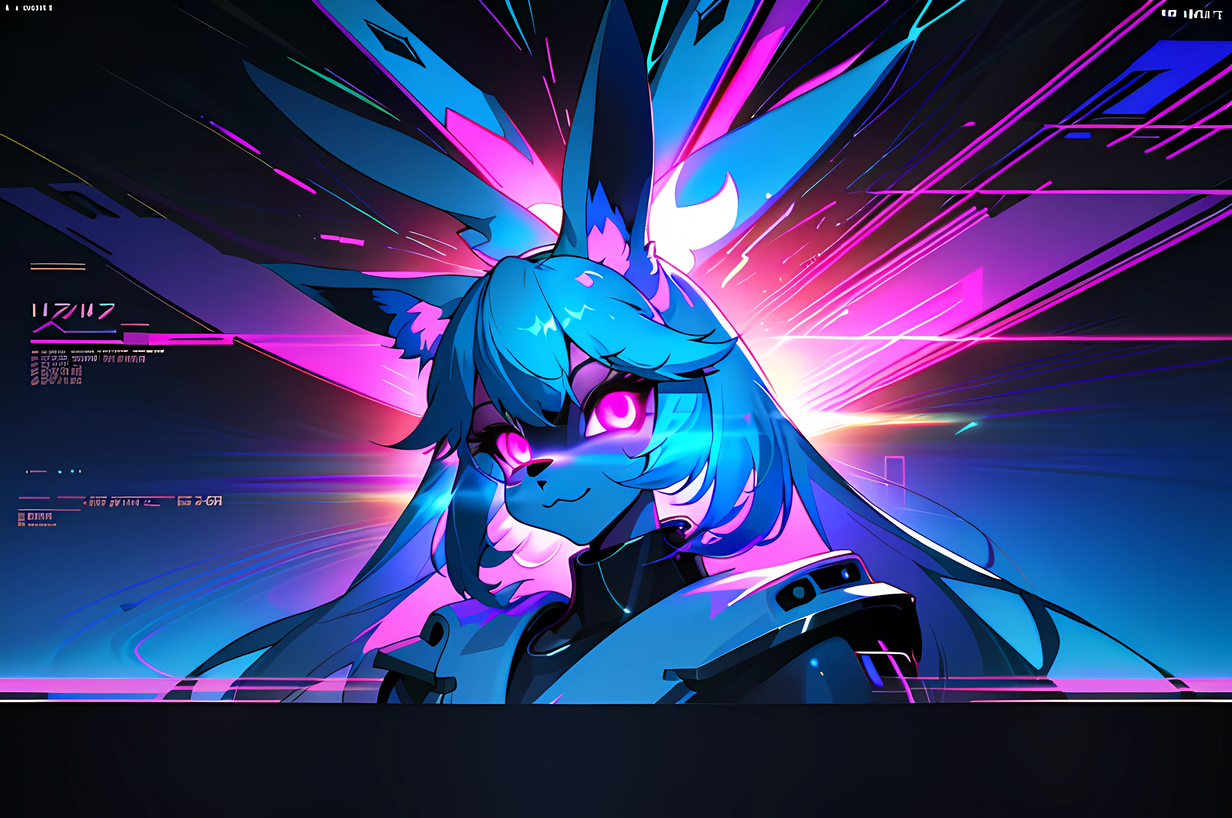(vintage vhs), (crt screenshot), (Zen, Amy Sol style),  (((blue anthro kemono furry rabbit))), underground cavern shining flashlight in old ruins, scene from a show about a blue anthro furry kemono rabbit who investigates deep space crime, (vast decrepit scenery:1.2) blame! style, nightmarish illustration, glowing eyes everywhere, intense eye contact, hybrid human / anthro, electrixbunny, rabbit anthro portrait, ((portrait)), bunnypunk, weirdcore voidpunk fursona, wearing bunny ears, cover art with light abstraction, abstract, simple vector art, contemporary Cybernetic art, color gradients, soft color palettes, layered forms, whimsical animation, style Ethereal abstract, 4K, --v6
