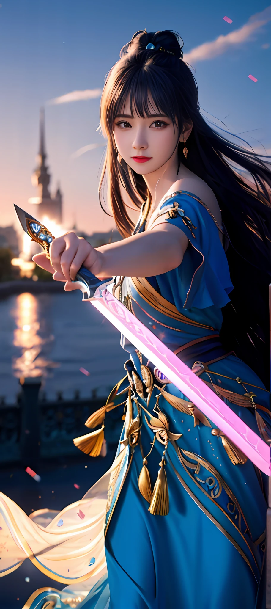 realisticity: 1.2), best quality, masterpiece, highres, cg, 1girl, weapon, sword, long hair, dress, water, solo, jewelry, blue dress, earrings, hair ornament, splashing, upper body super realistis, hair bun, blue and pink hair, city backgraun realistis, lighting,candid, Photograph, high resolution, 4k, 8k, Bokeh,