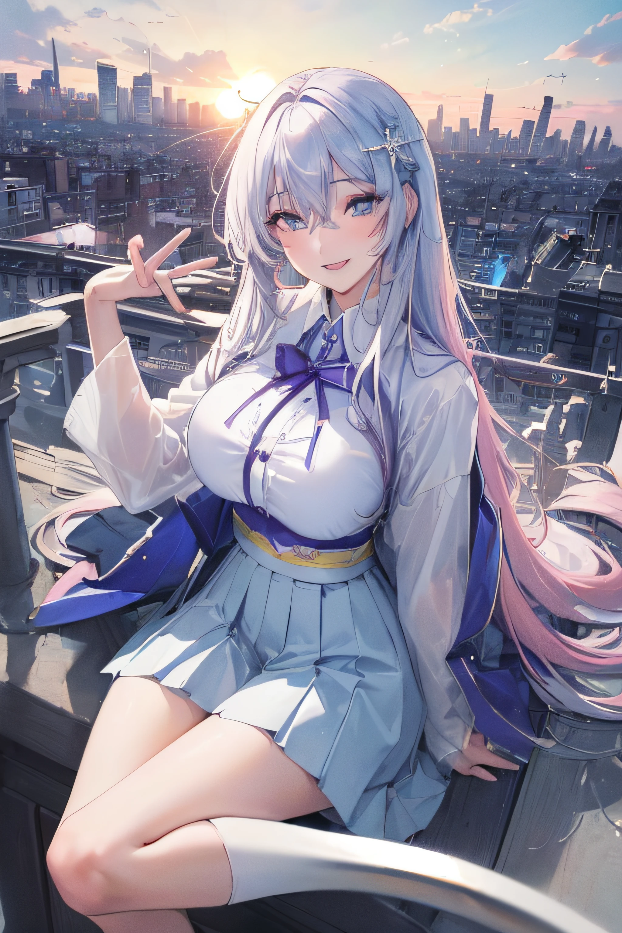 official art, masterpiece, sharp focus, (beautiful gorgeous cute Korean woman:1.3), (beautiful cute korean:1.3), korean beauty, Delicate and beautiful hair and eyes and face, realistic, ultra detailed, beautiful girl, blue sky, glow white particle, (sidelighting:1.2), sun light, white cloud, detailed clouds, slender, Lovely very large breasts and very large hips, smile with teeth, ((smile with eyes, open both eyes)), scenery, long straight hair, sexy facial expression, building, (cityscape:1.7), dynamic hair, long straight hair, detailed platinum pink hair, glow blue eyes, (blue pleated shirts + white skirt), white long socks, pale skin, hair ornament, epic scenery,