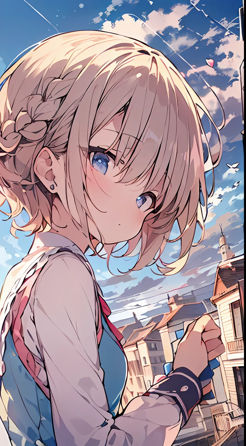 masutepiece, Best Quality,Illustration, Wallpaper, Ultra Detail, absurderes, 1loli, Solo, (Medium short hair、short braided hair), Beautiful ultra-detailed eyes , Hair fluttering in the wind、(Street), Beautiful sky,(a panoramic view:1.5),(Sense of depth:1.5),(longshot:1.5)