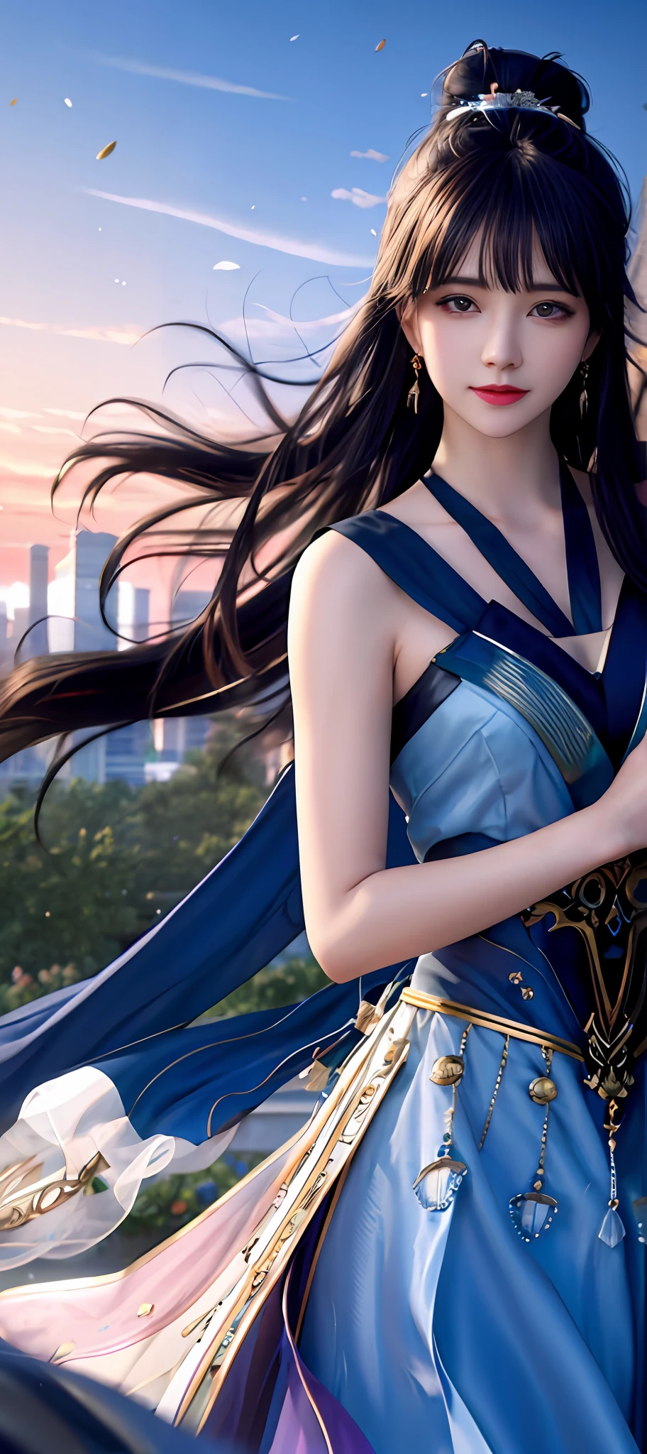 realisticity: 1.2), best quality, masterpiece, highres, cg, 1girl, weapon, sword, long hair, dress, water, solo, jewelry, blue dress, earrings, hair ornament, splashing, upper body super realistis, hair bun, blue and pink hair, city backgraun realistis, lighting,candid, Photograph, high resolution, 4k, 8k, Bokeh,