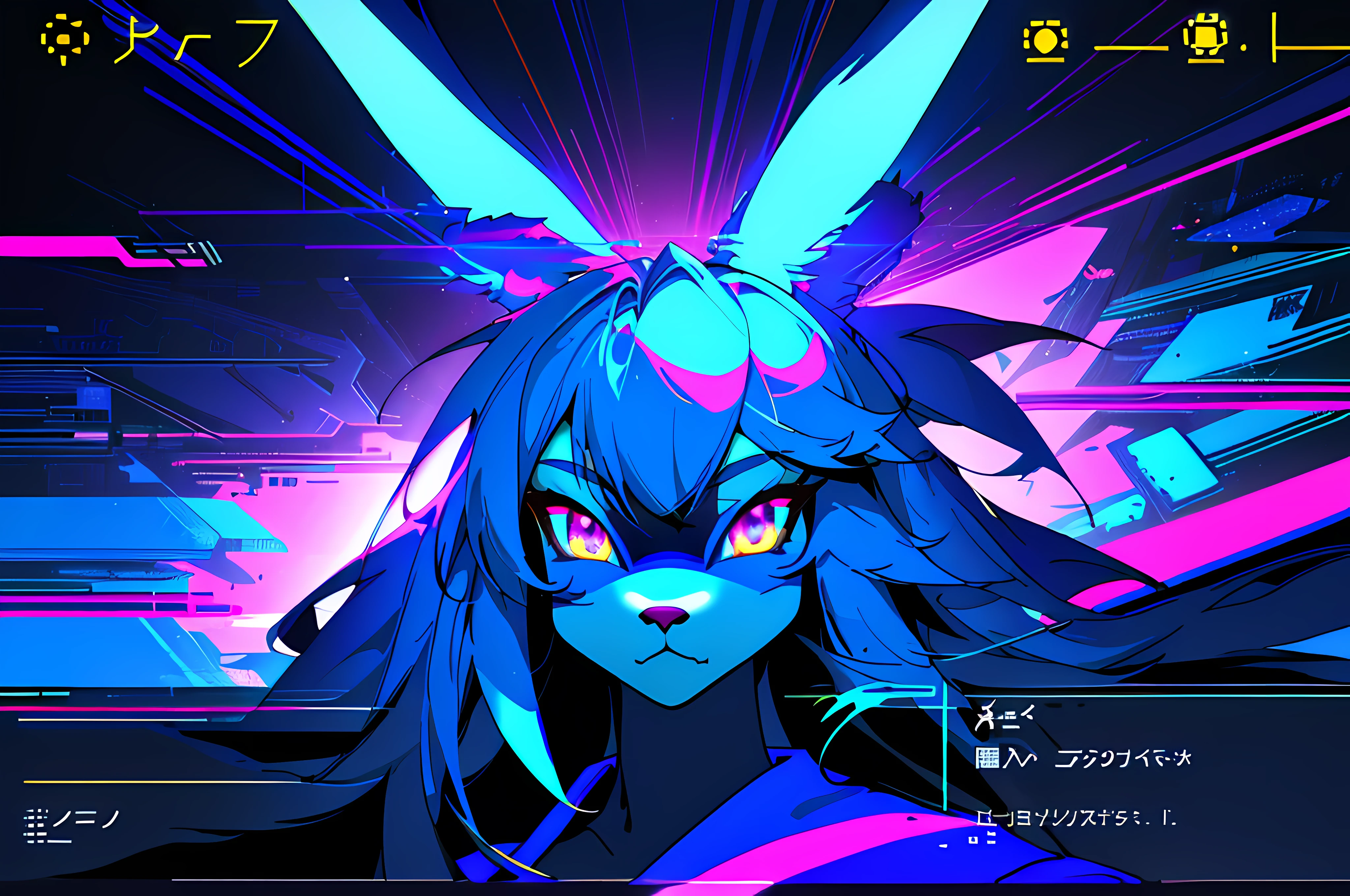 (vintage vhs), (crt screenshot), (Zen, Amy Sol style),  (((blue anthro kemono furry rabbit))), underground cavern shining flashlight in old ruins, scene from a show about a blue anthro furry kemono rabbit who investigates deep space crime, (vast decrepit scenery:1.2) blame! style, nightmarish illustration, glowing eyes everywhere, intense eye contact, hybrid human / anthro, electrixbunny, rabbit anthro portrait, ((portrait)), bunnypunk, weirdcore voidpunk fursona, wearing bunny ears, cover art with light abstraction, abstract, simple vector art, contemporary Cybernetic art, color gradients, soft color palettes, layered forms, whimsical animation, style Ethereal abstract, 4K, --v6