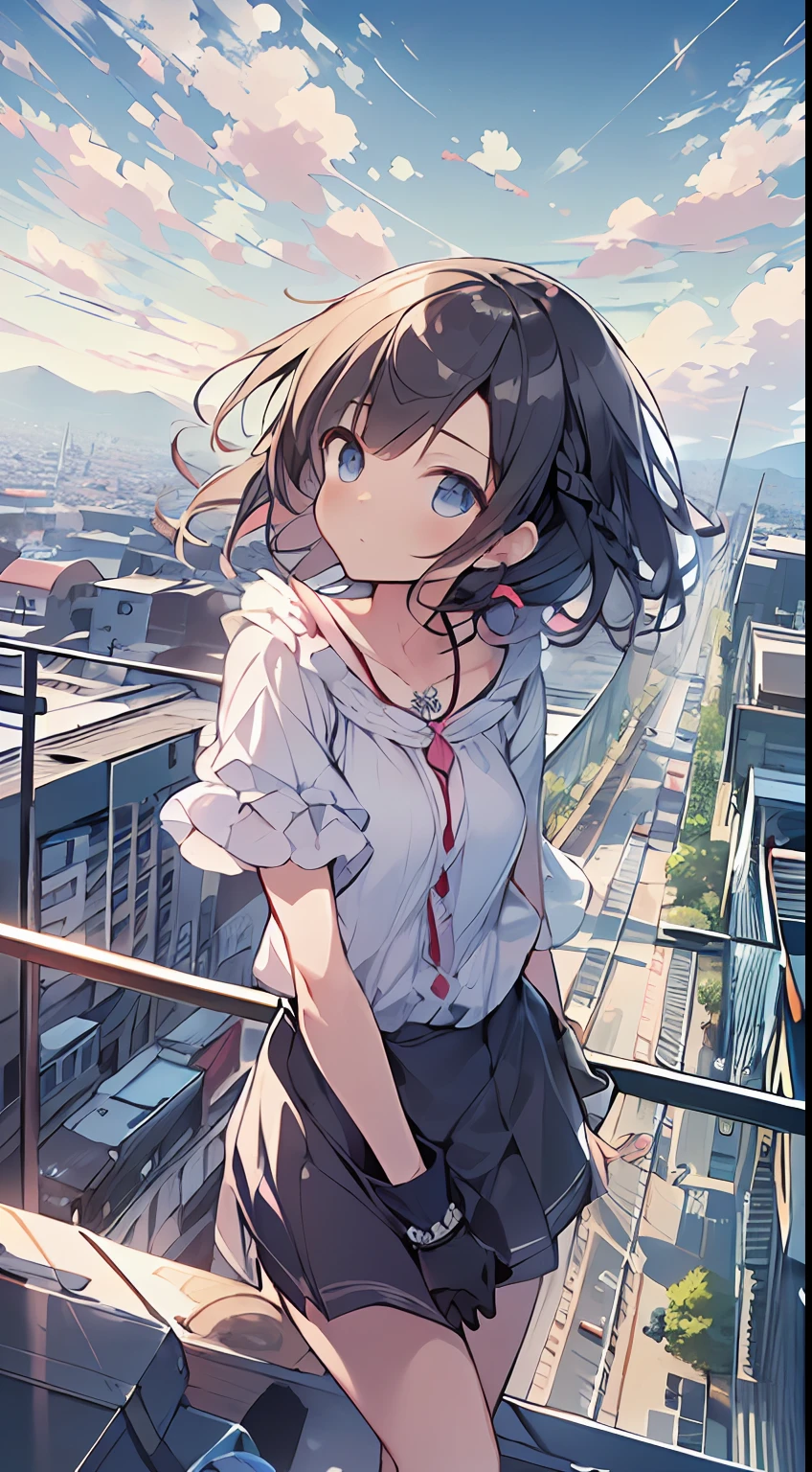 masutepiece, Best Quality,Illustration, Wallpaper, Ultra Detail, absurderes, 1loli, Solo, (Medium short hair、short braided hair), Beautiful ultra-detailed eyes , Hair fluttering in the wind、(Street), Beautiful sky,(a panoramic view:1.5),(Sense of depth:1.5),(longshot:1.5)