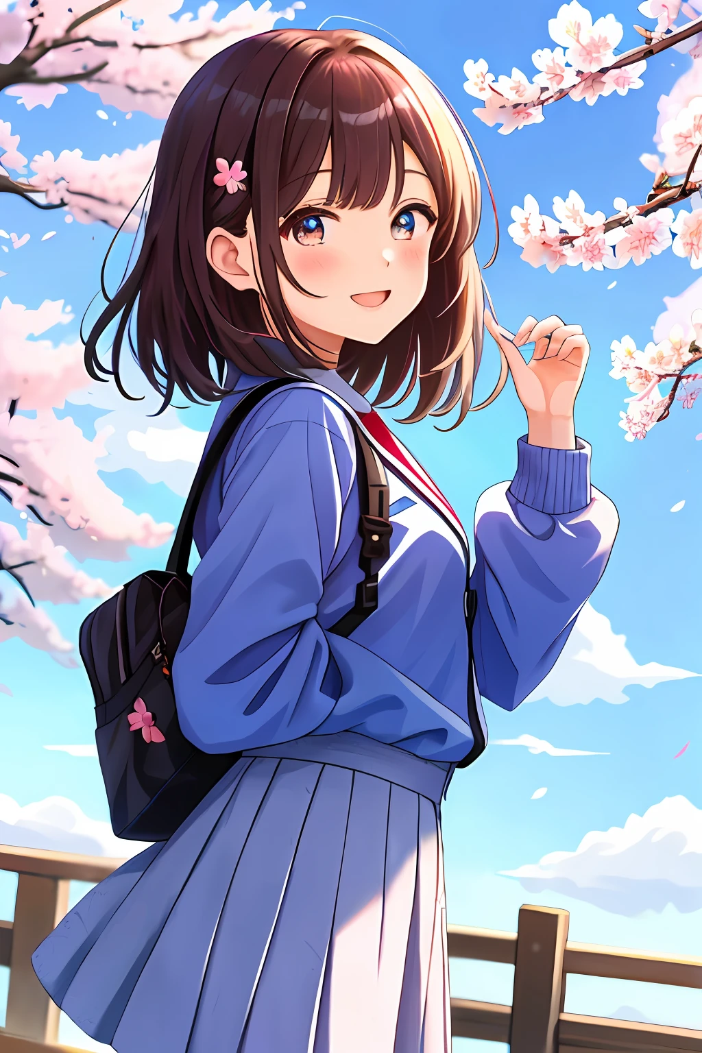 1girll, Kamiasto ayaka, Cherry blossoms, view the viewer, Blue sky